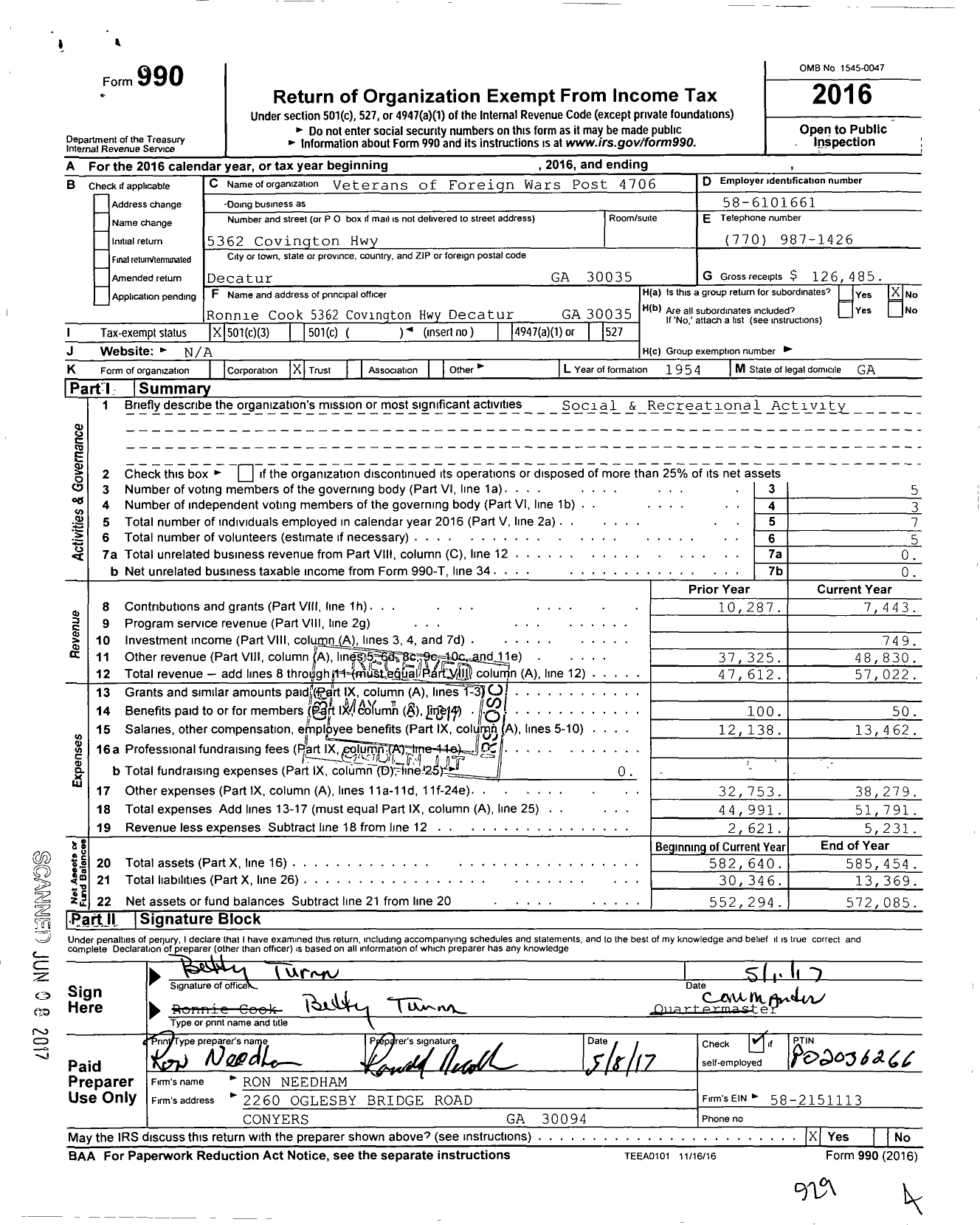 Image of first page of 2016 Form 990 for Veterans of Foreign Wars of the United States Dept of Georgia - 4706