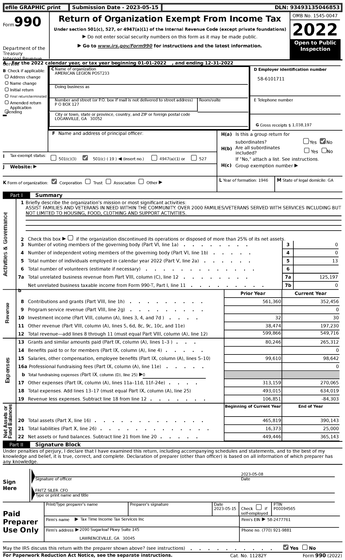 Image of first page of 2022 Form 990 for American Legion - 233 Barrett-Davis-Watson