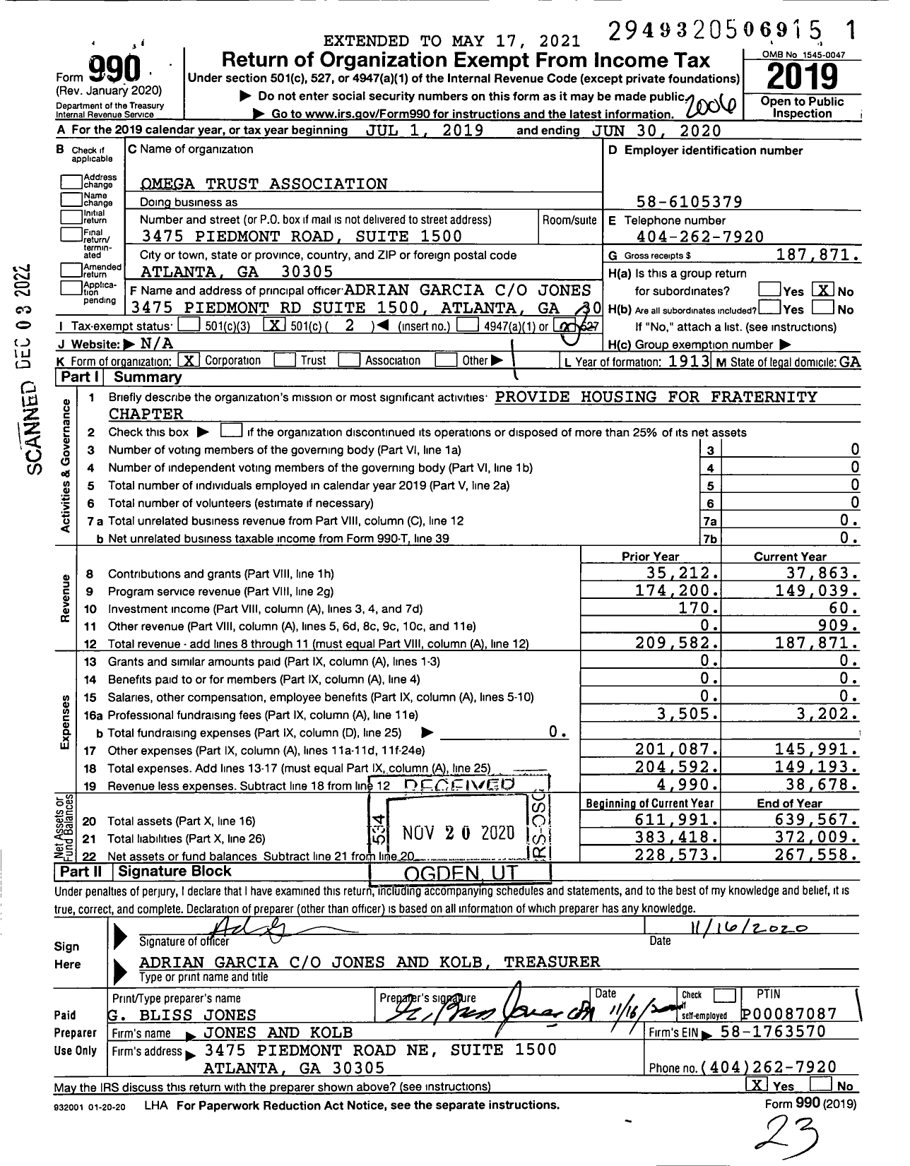 Image of first page of 2019 Form 990O for Omega Trust Association