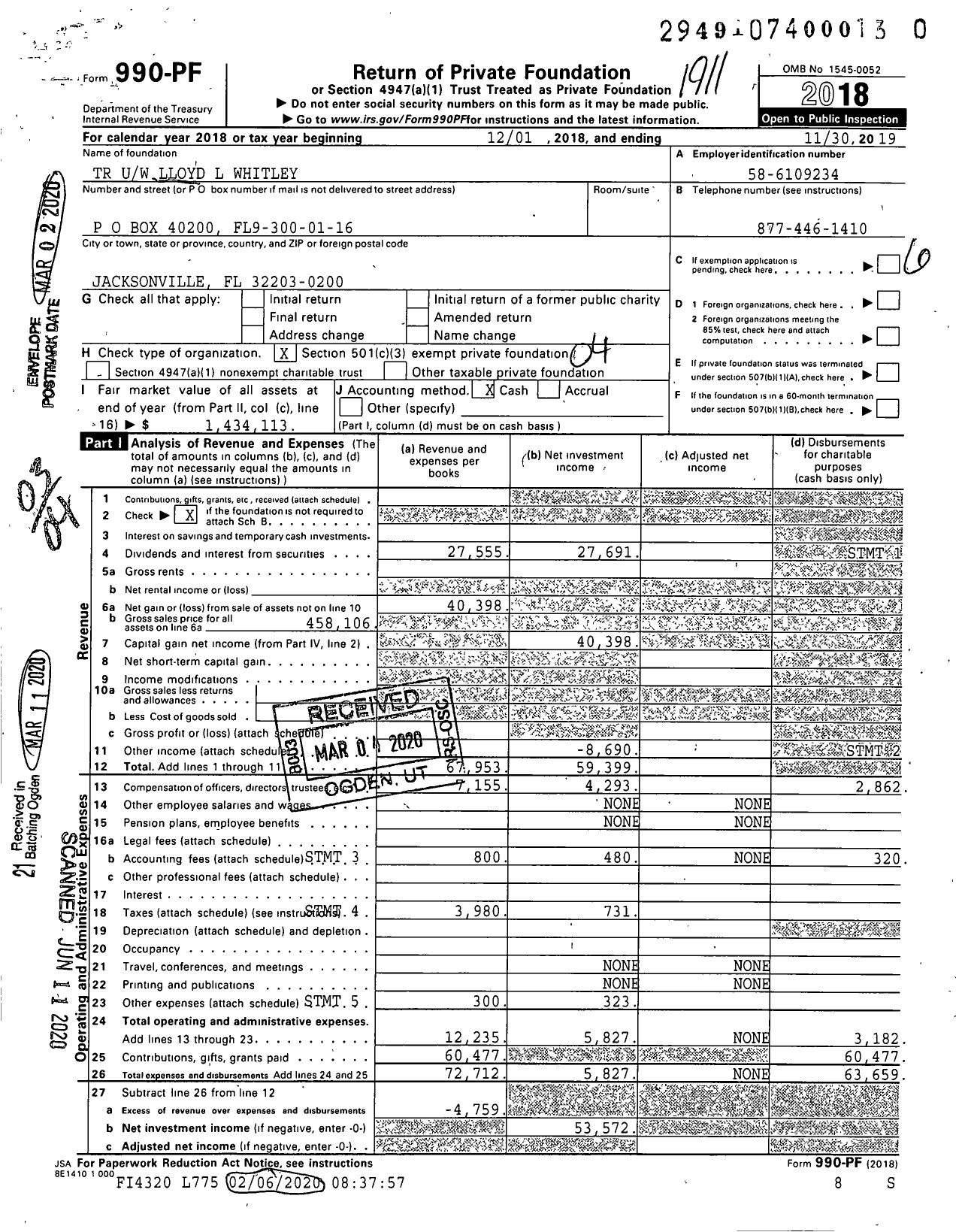 Image of first page of 2018 Form 990PR for TR Uw Lloyd L Whitley