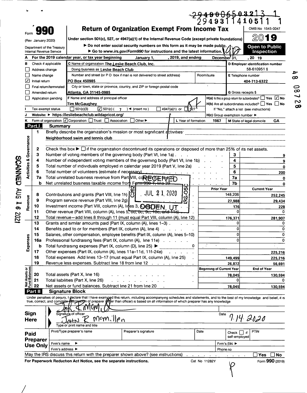 Image of first page of 2019 Form 990O for The Leslie Beach Club