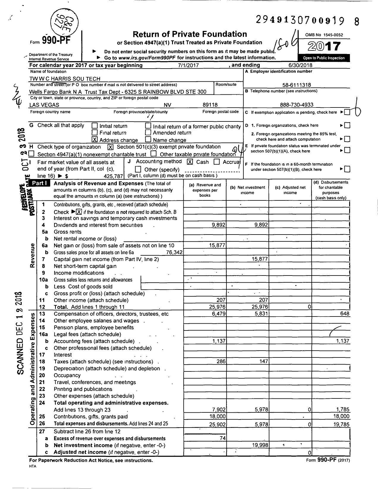 Image of first page of 2017 Form 990PF for TW W C Harris Sou Tech