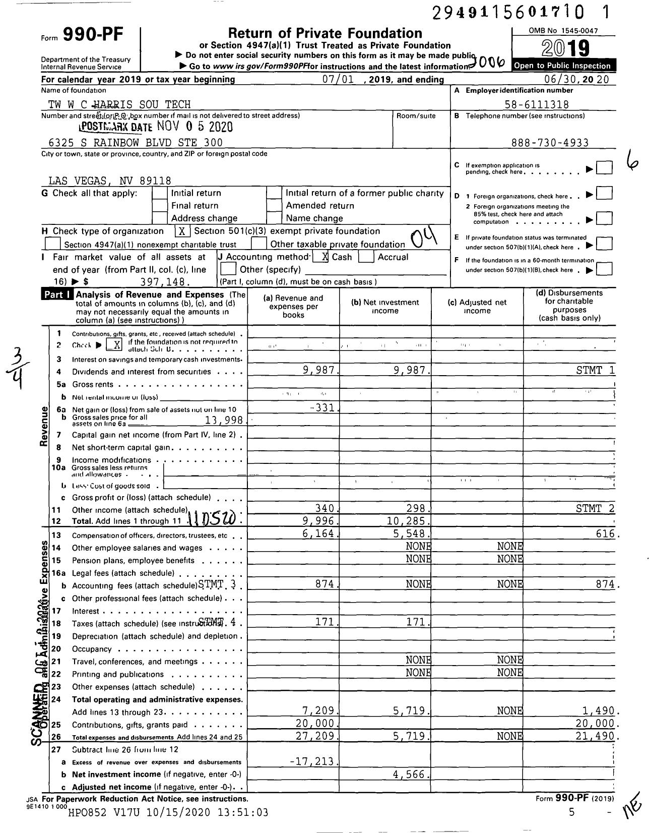 Image of first page of 2019 Form 990PF for TW W C Harris Sou Tech