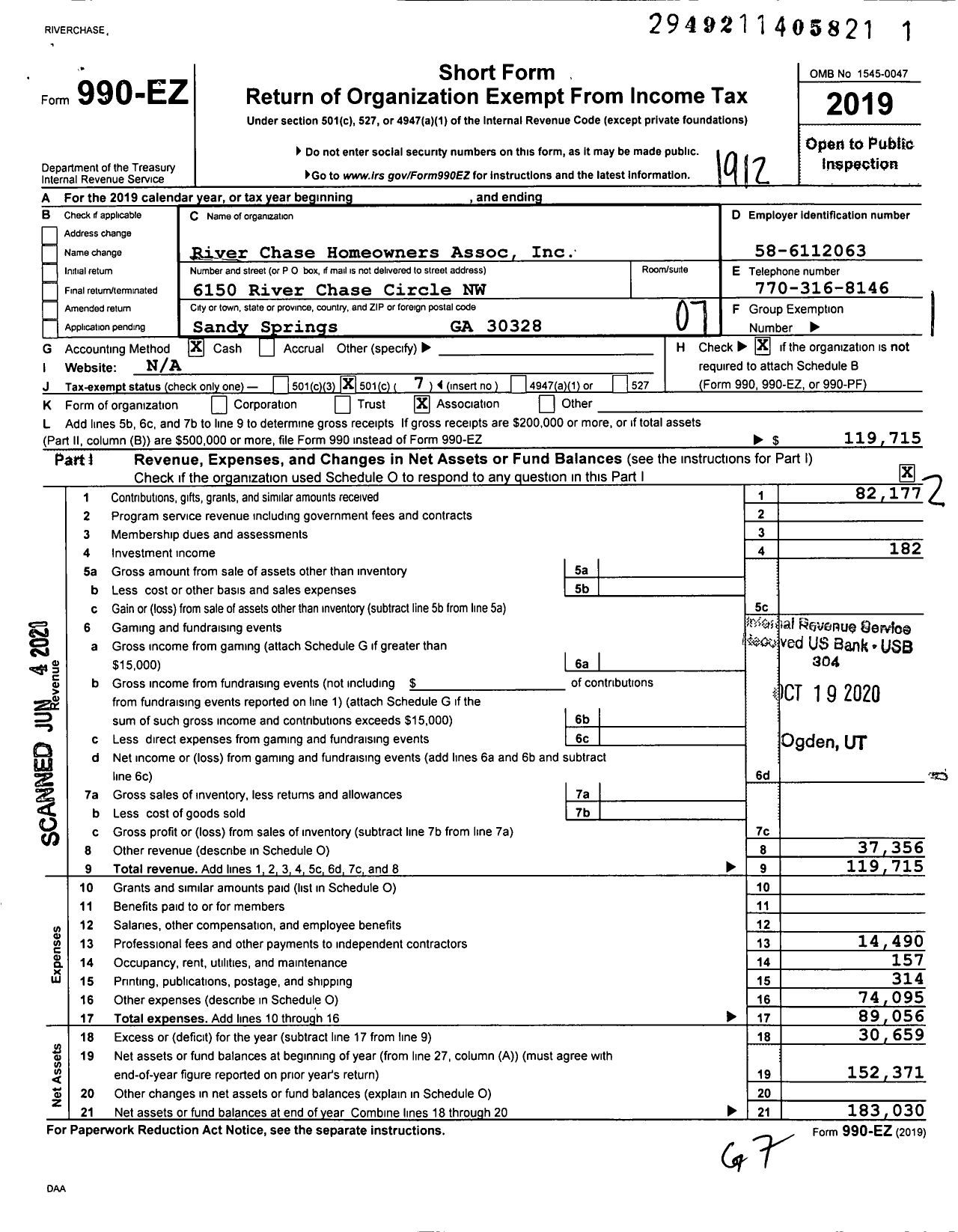 Image of first page of 2019 Form 990EO for River Chase Homeowners Association