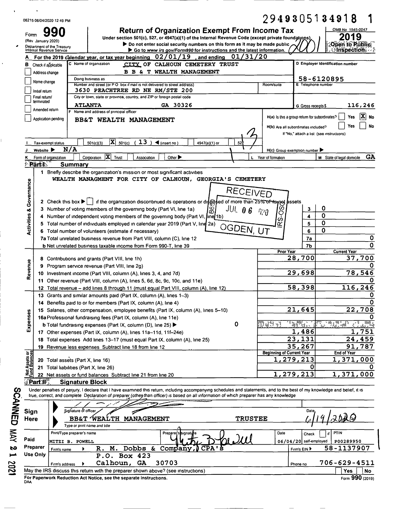 Image of first page of 2019 Form 990O for City of Calhoun Cemetery Trust Truist Bank