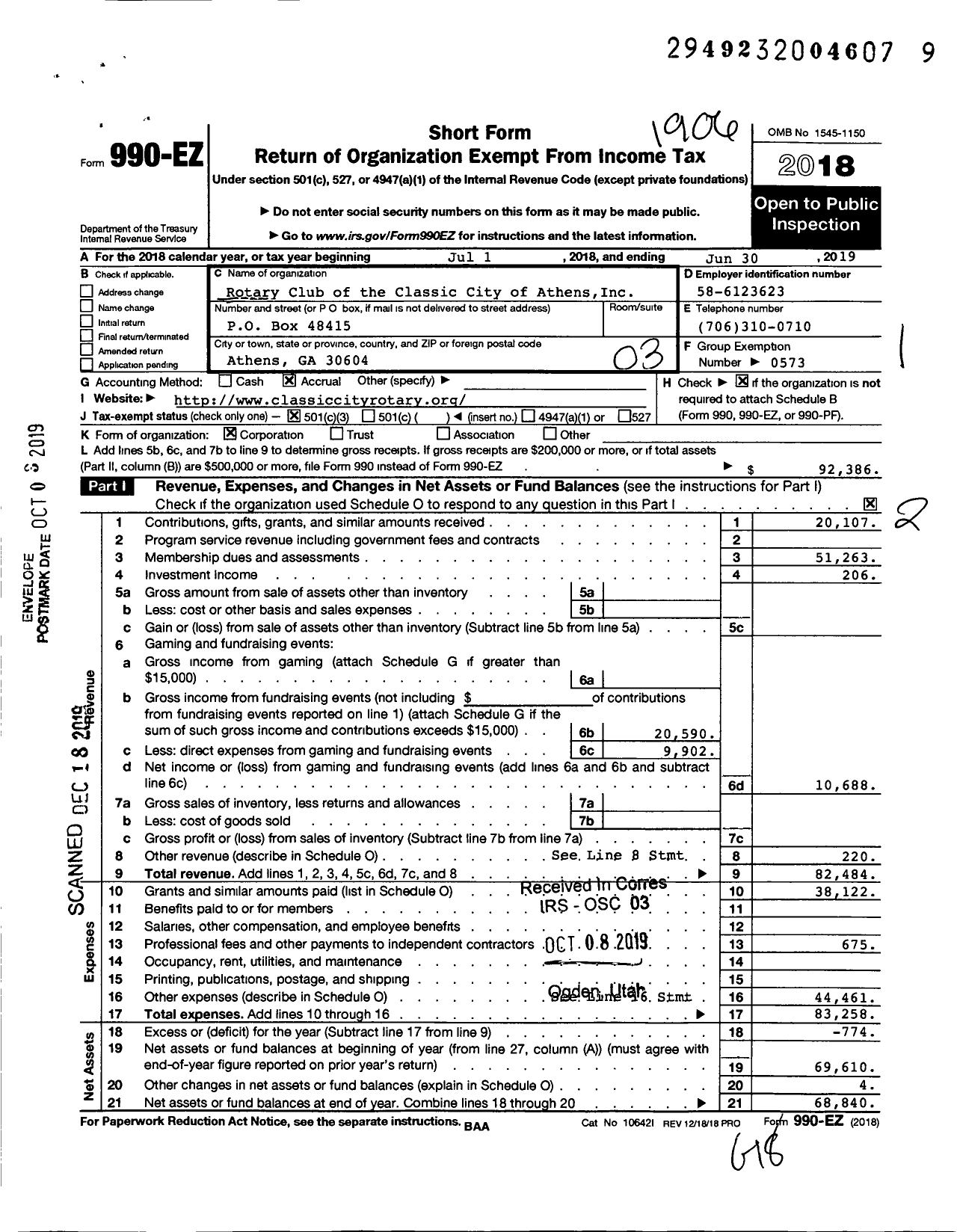 Image of first page of 2018 Form 990EZ for Rotary Club of the Classic City of Athens