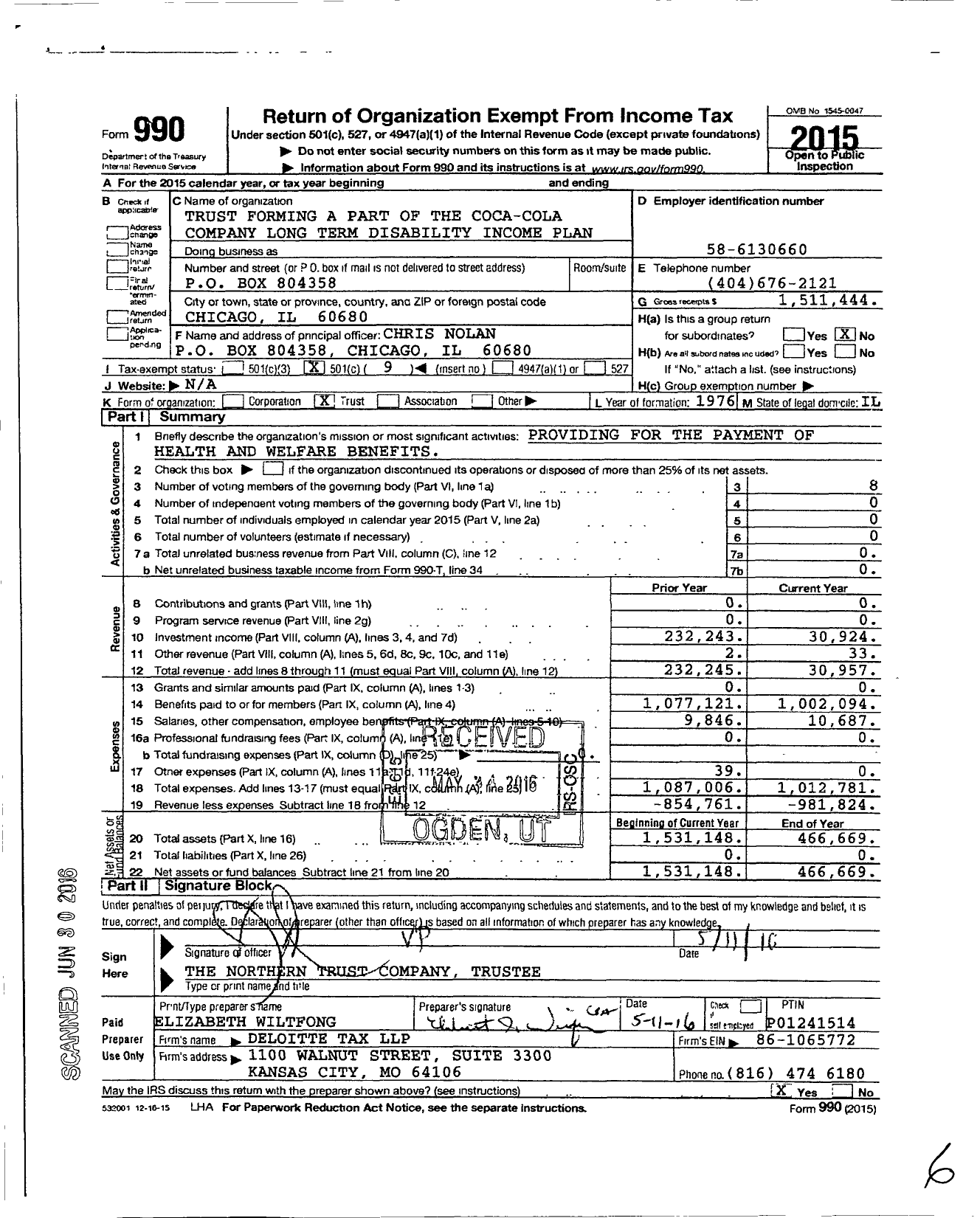 Image of first page of 2015 Form 990O for Trust Forming A Part of Coca Cola Company Long Term Disability Income Plan