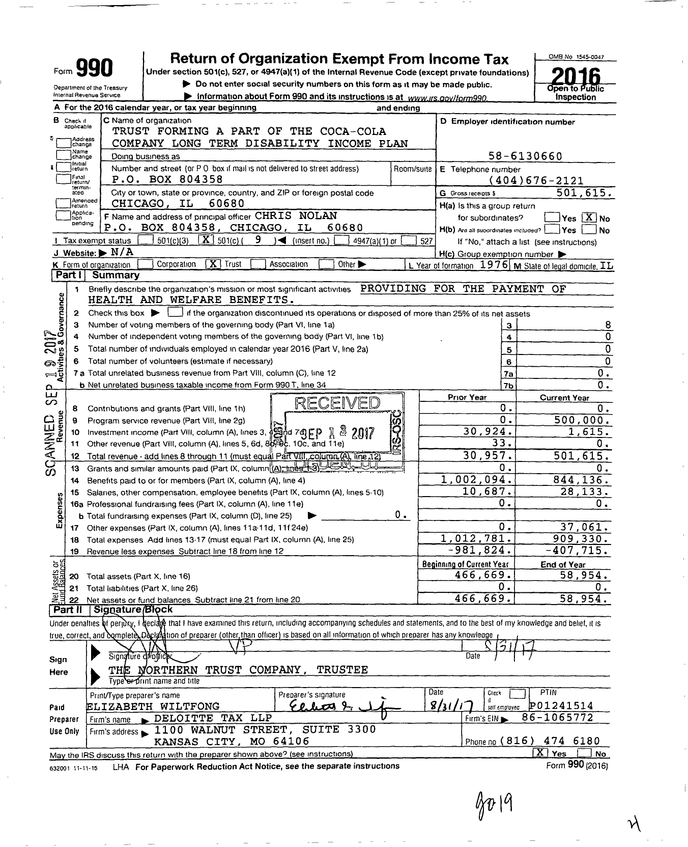 Image of first page of 2016 Form 990O for Trust Forming A Part of Coca Cola Company Long Term Disability Income Plan