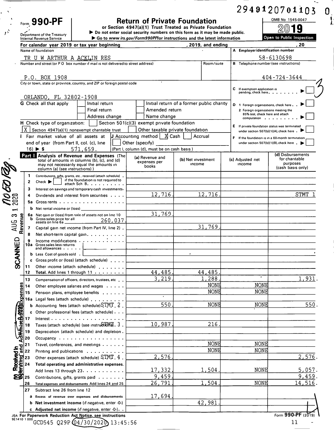 Image of first page of 2019 Form 990PR for TR U W Arthur A Acklin Res