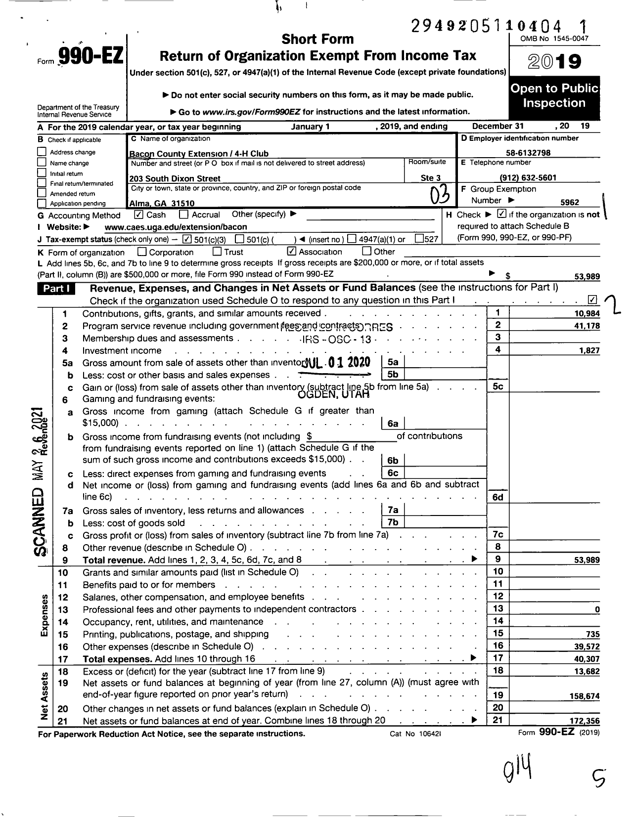 Image of first page of 2019 Form 990EZ for GEORGIA Extension 4-H FOUNDATION Bacon County Extension 4-H