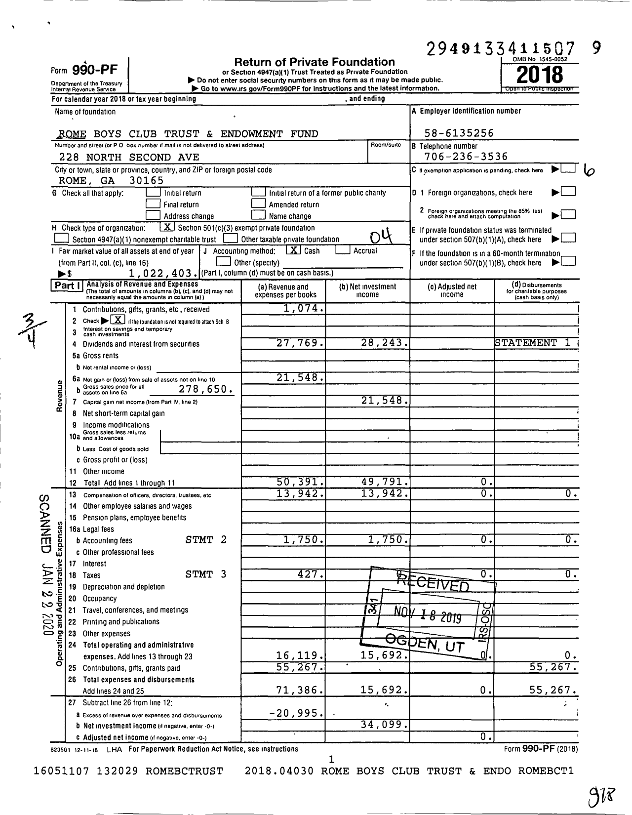 Image of first page of 2018 Form 990PF for Rome Boys Club Trust and Endowment Fund Arden Trust Company