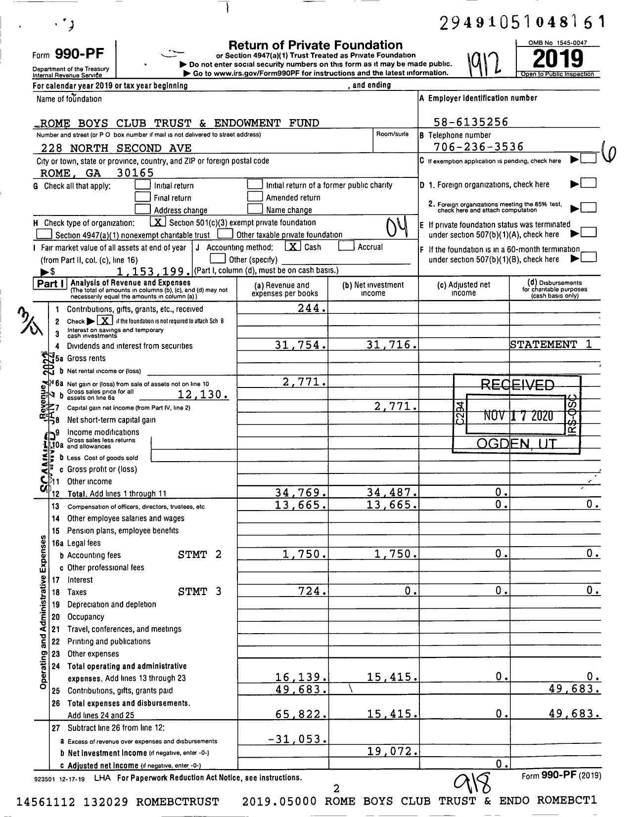 Image of first page of 2019 Form 990PF for Rome Boys Club Trust and Endowment Fund Arden Trust Company