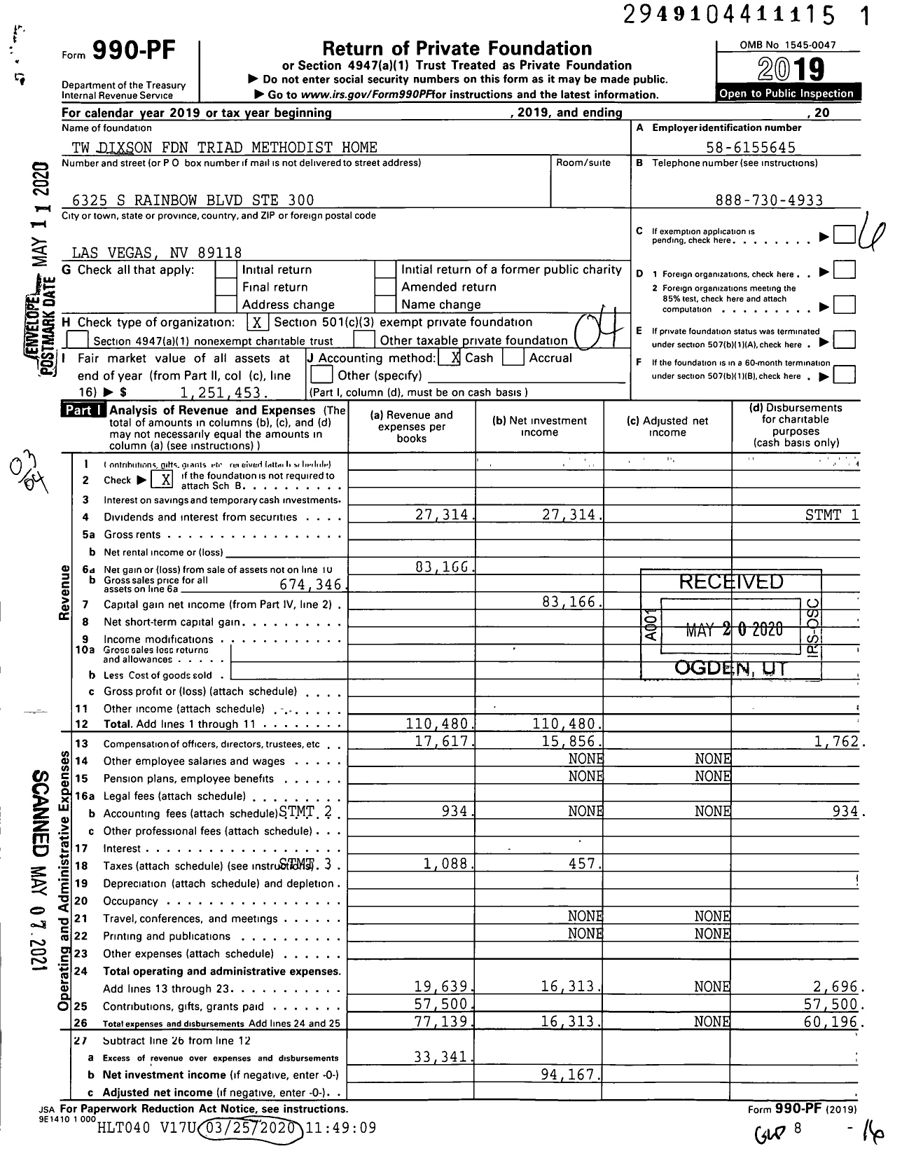 Image of first page of 2019 Form 990PF for TW Dixson Foundation Triad Methodist Home