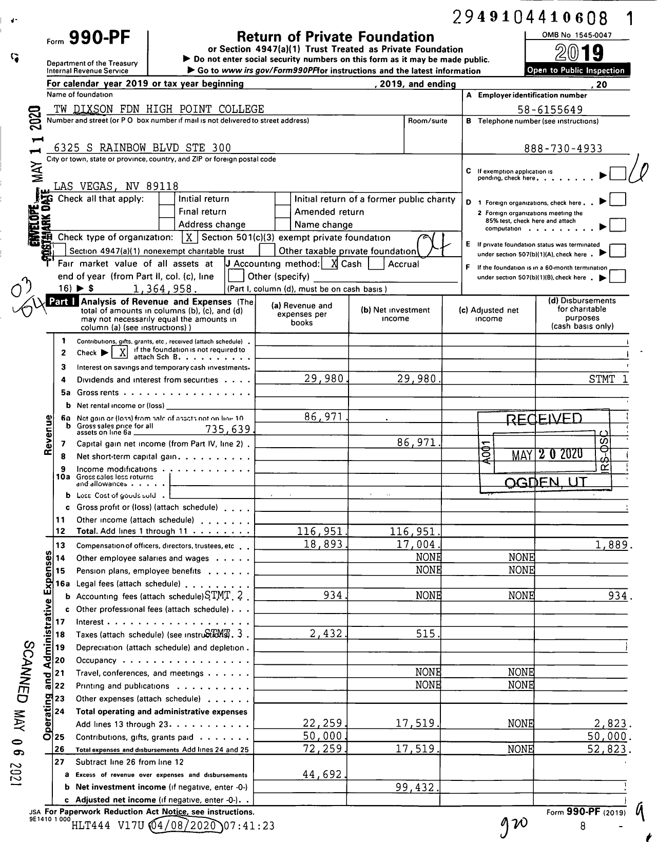 Image of first page of 2019 Form 990PF for TW Dixson Foundation High Point College