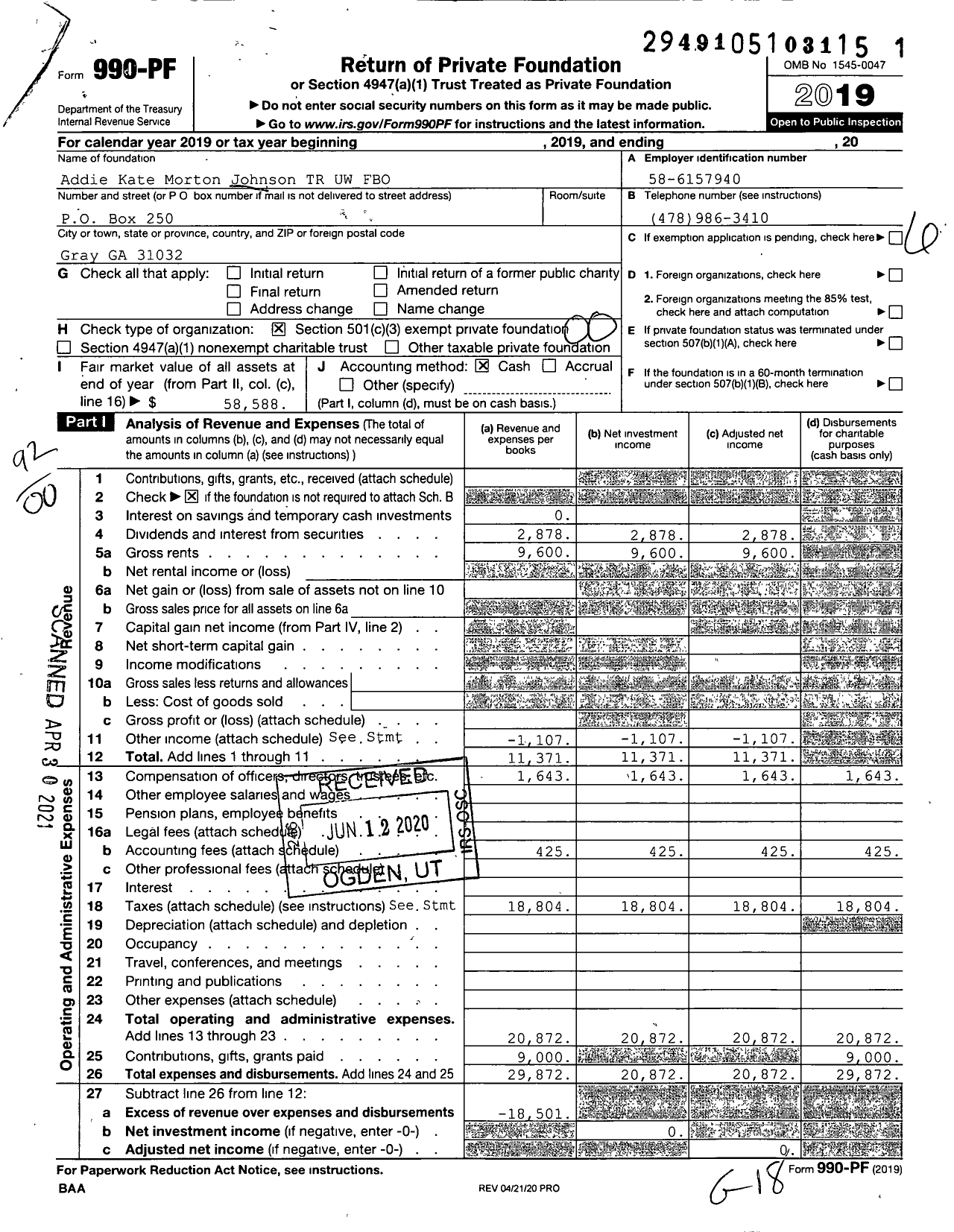 Image of first page of 2019 Form 990PF for Addie Kate Morton Johnson TR UW FBO