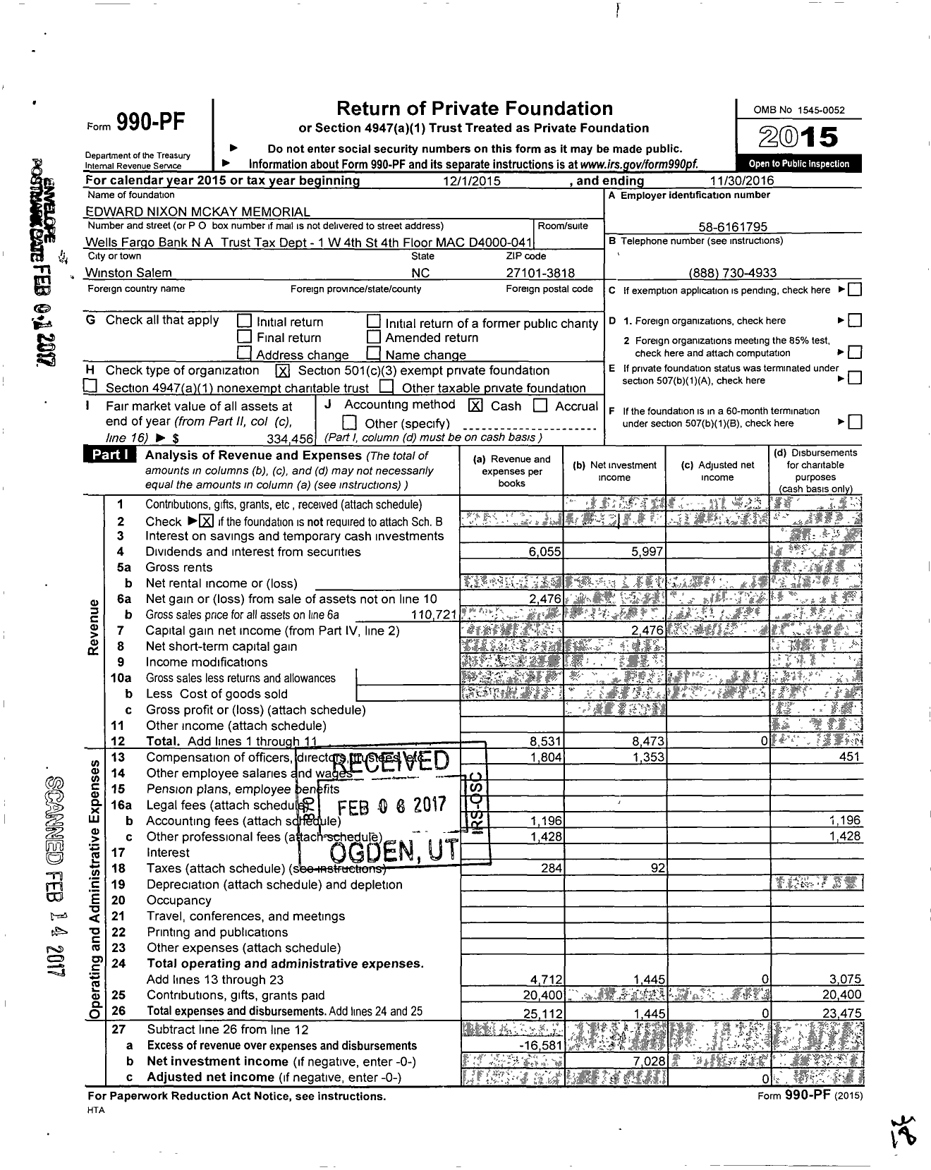 Image of first page of 2015 Form 990PF for Edward Nixon Mckay Memorial