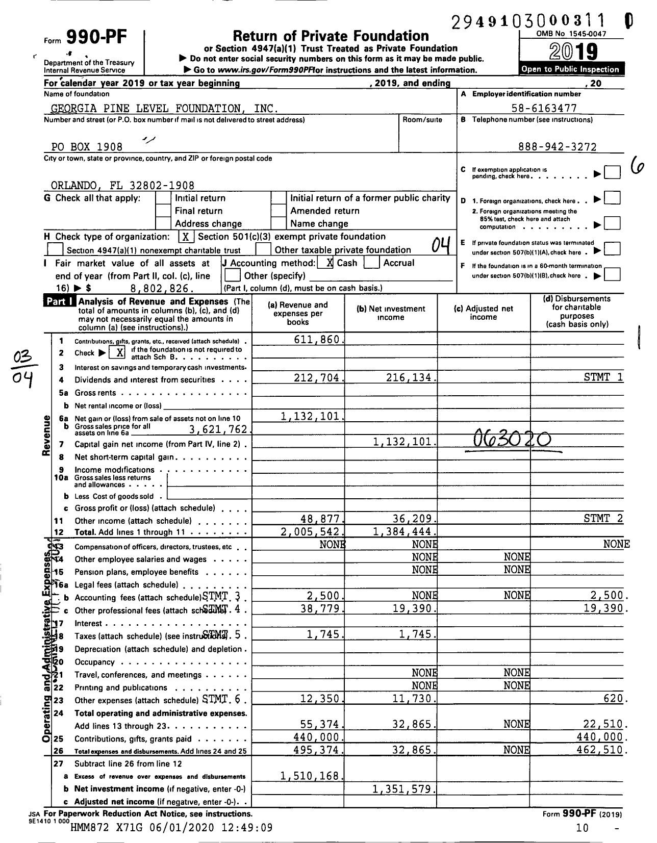 Image of first page of 2019 Form 990PF for Ia Ga Pine Level Foundation Non-Direct