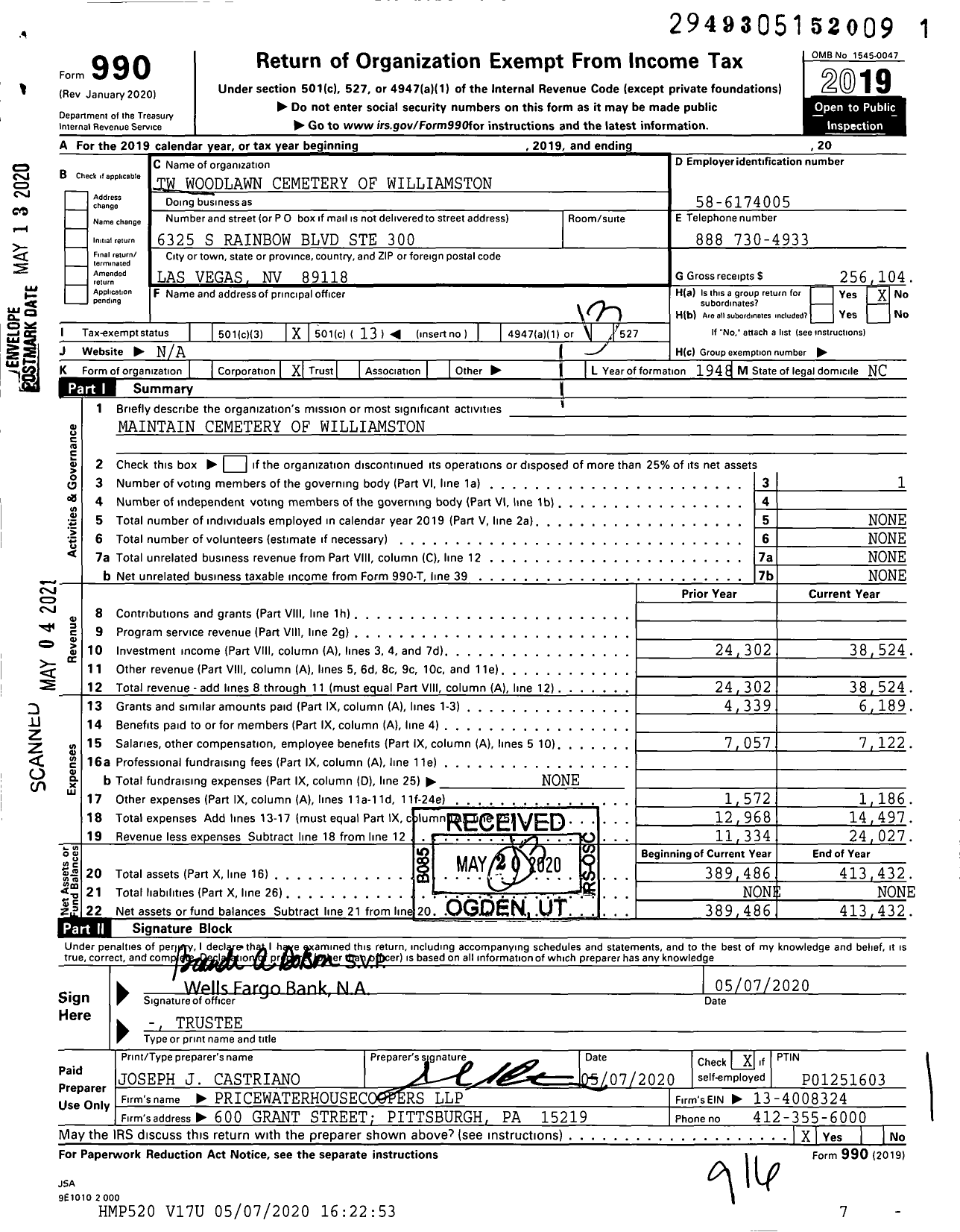 Image of first page of 2019 Form 990O for TW Woodlawn Cemetery of Williamston