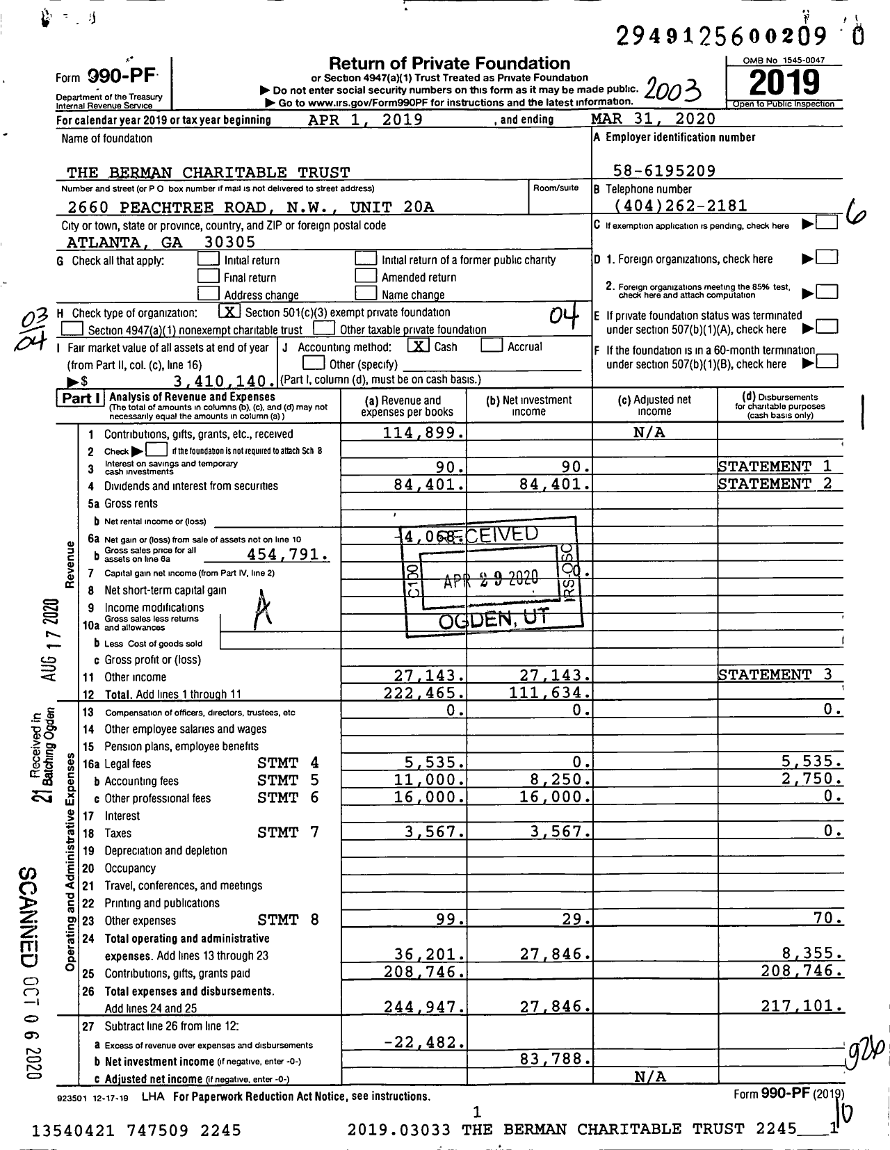 Image of first page of 2019 Form 990PR for The Berman Charitable Trust