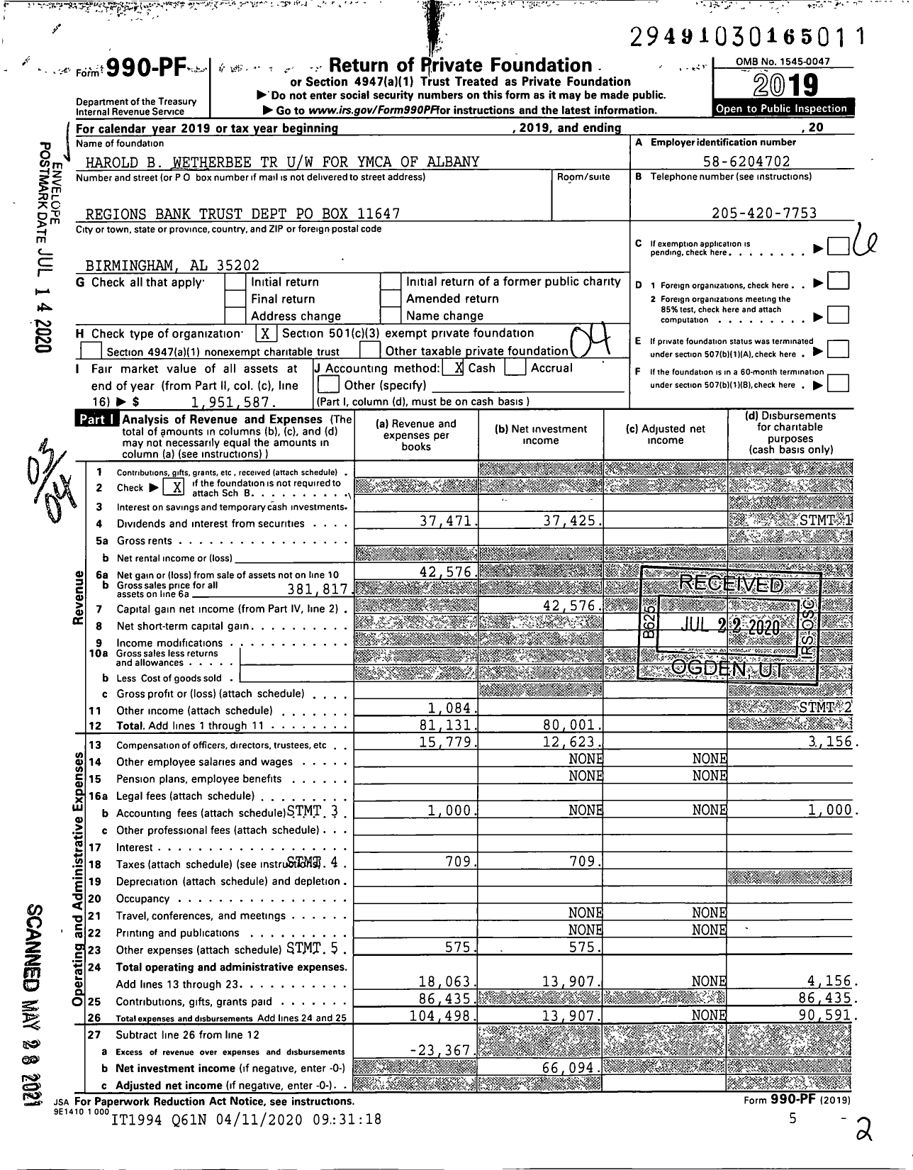 Image of first page of 2019 Form 990PF for Harold B Wetherbee TR Uw for Ymca of Albany