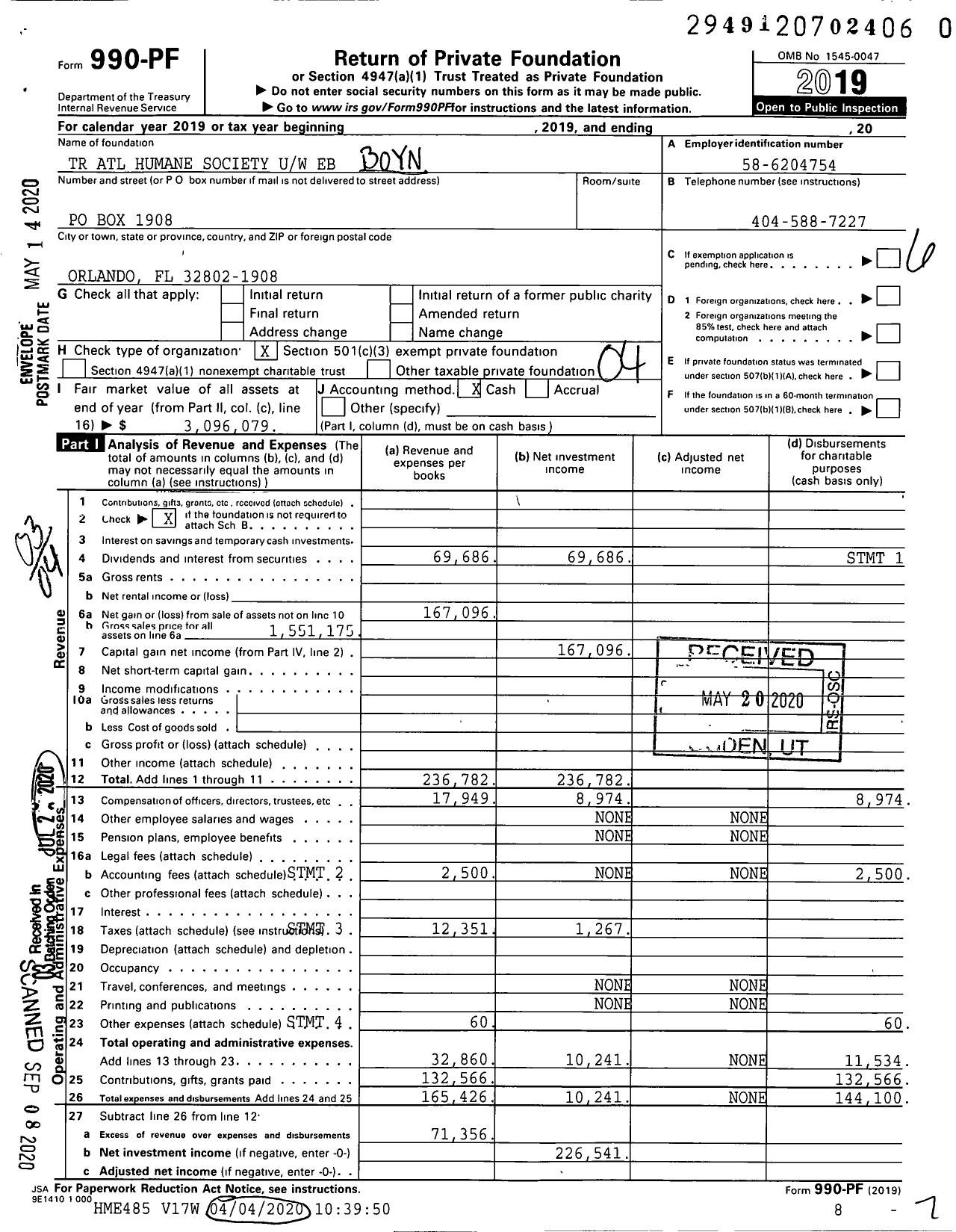 Image of first page of 2019 Form 990PR for TR Atl Humane Society Uw Eb