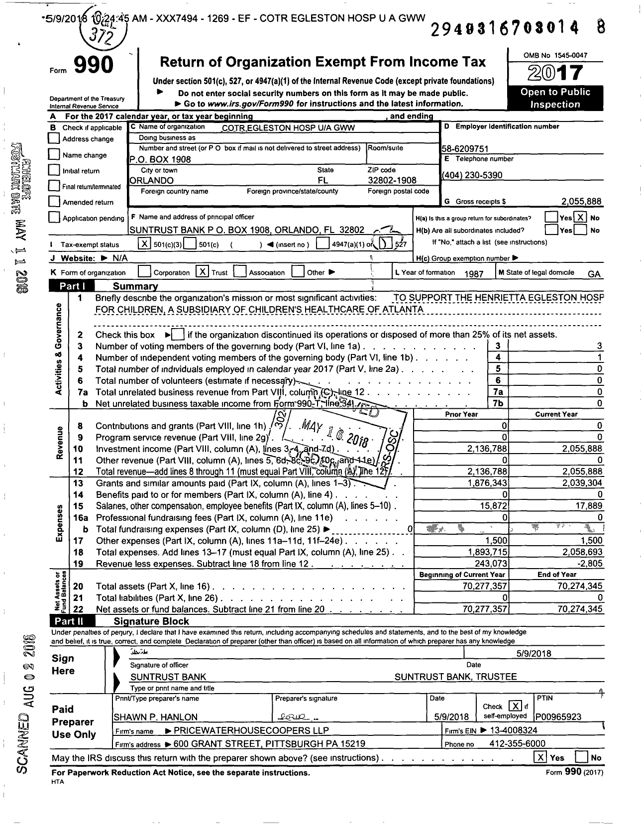 Image of first page of 2017 Form 990 for Cotr Egleston Hospital GWW