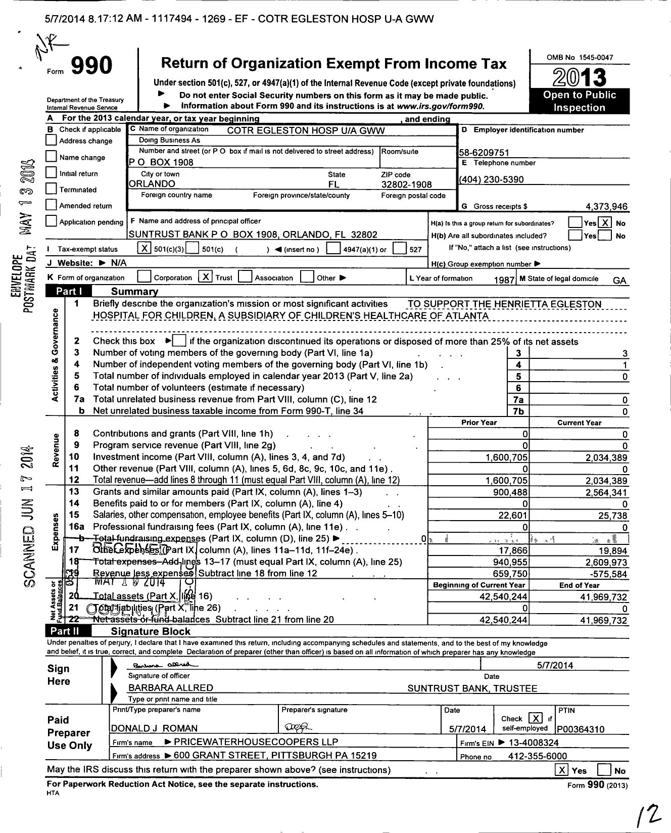 Image of first page of 2013 Form 990 for Cotr Egleston Hospital GWW