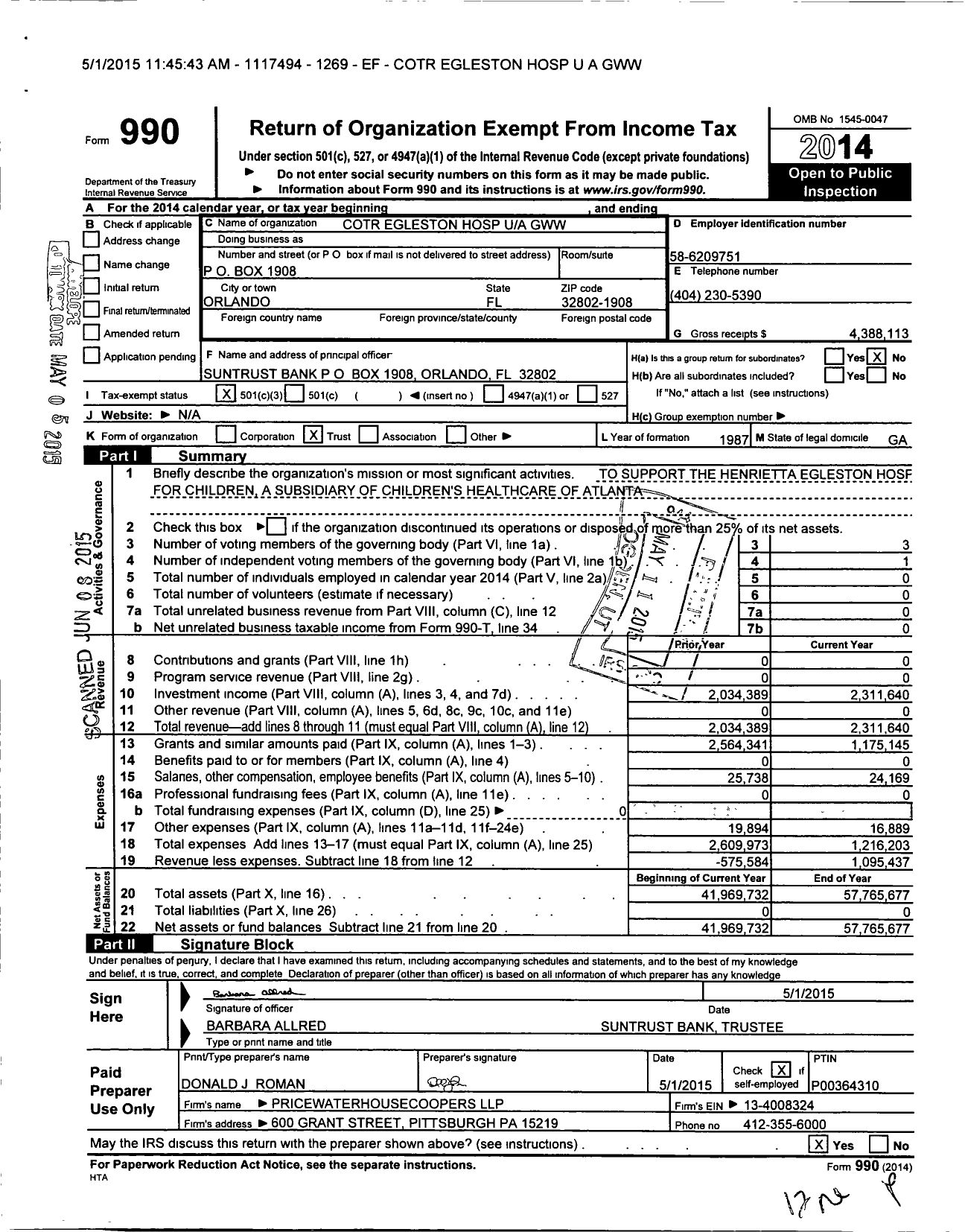Image of first page of 2014 Form 990 for Cotr Egleston Hospital GWW