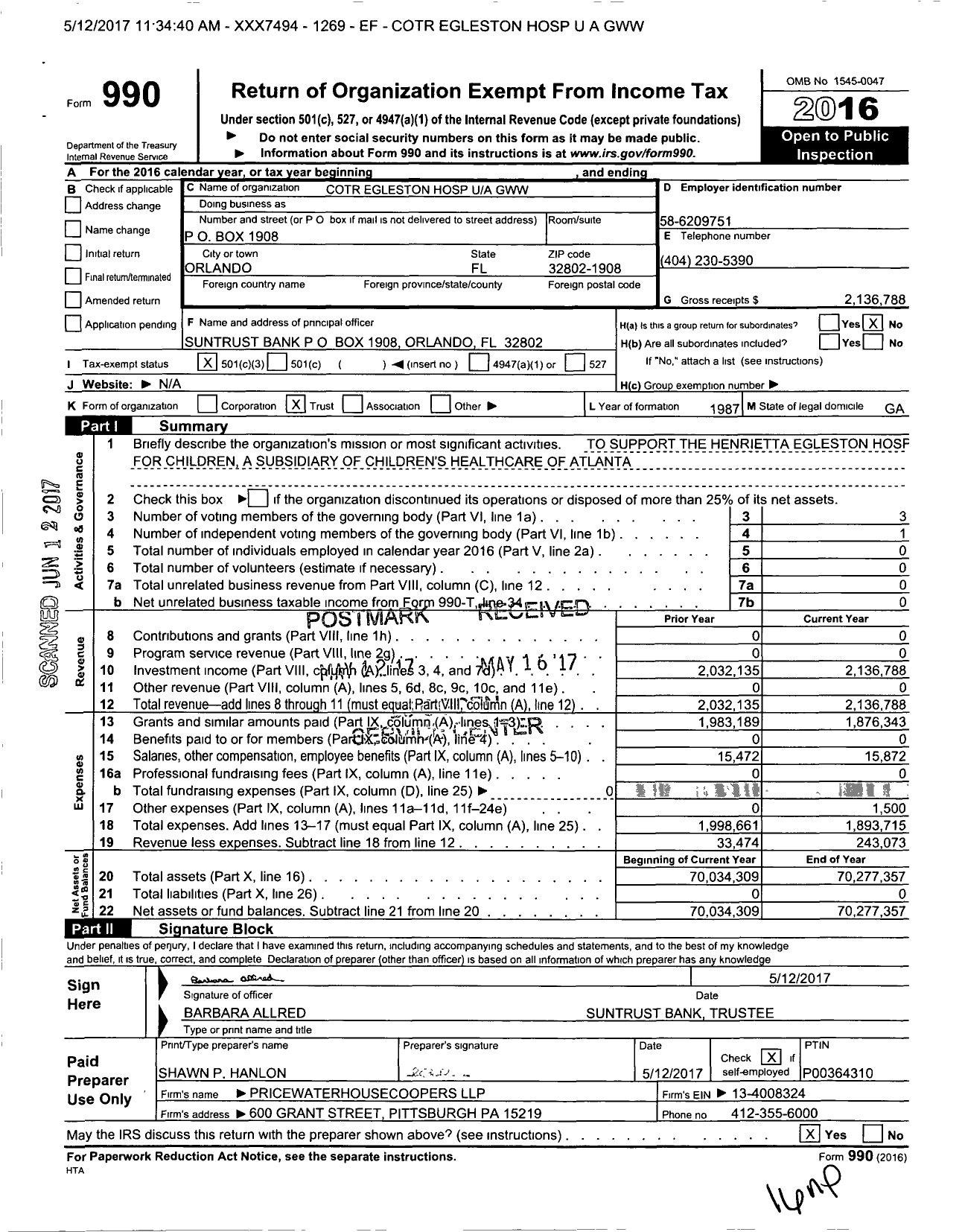 Image of first page of 2016 Form 990 for Cotr Egleston Hospital GWW