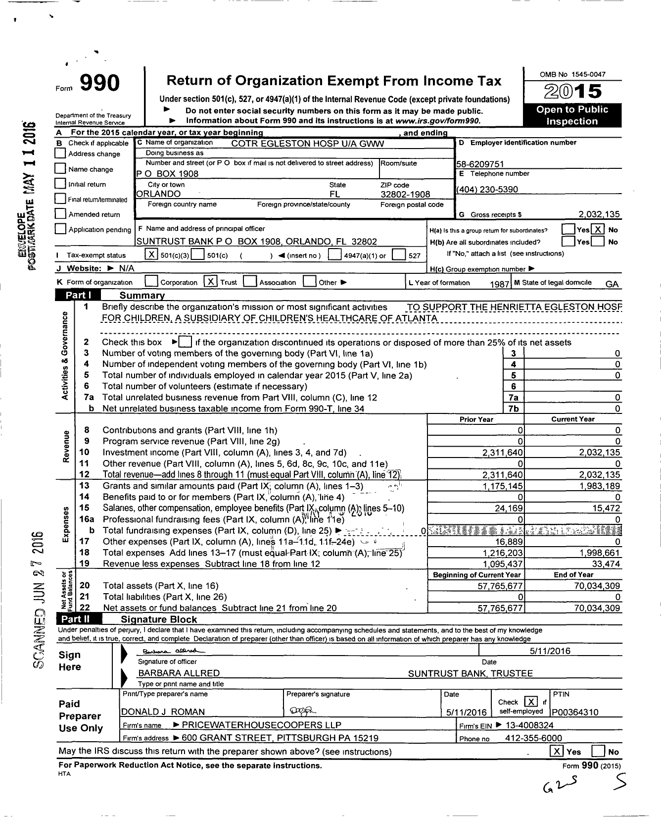 Image of first page of 2015 Form 990 for Cotr Egleston Hospital GWW