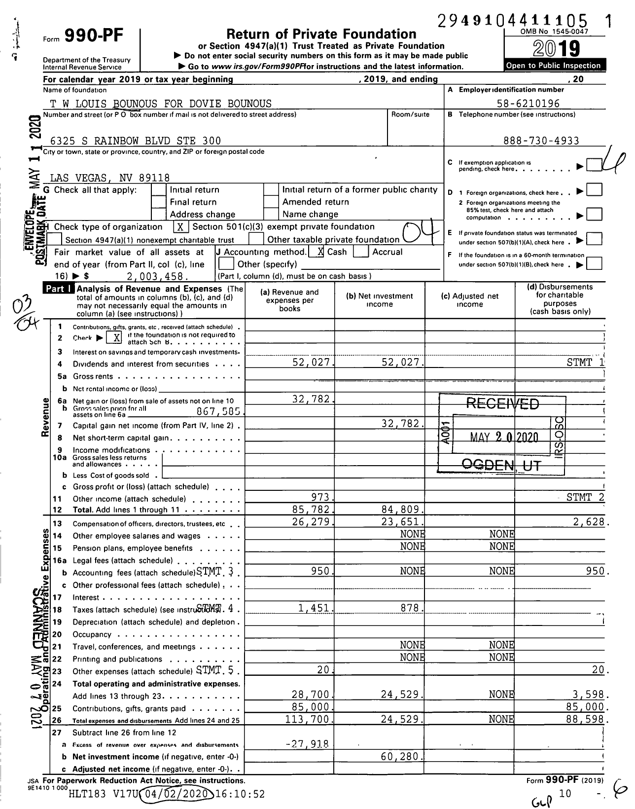 Image of first page of 2019 Form 990PF for T W Louis Bounous for Dovie Bounous