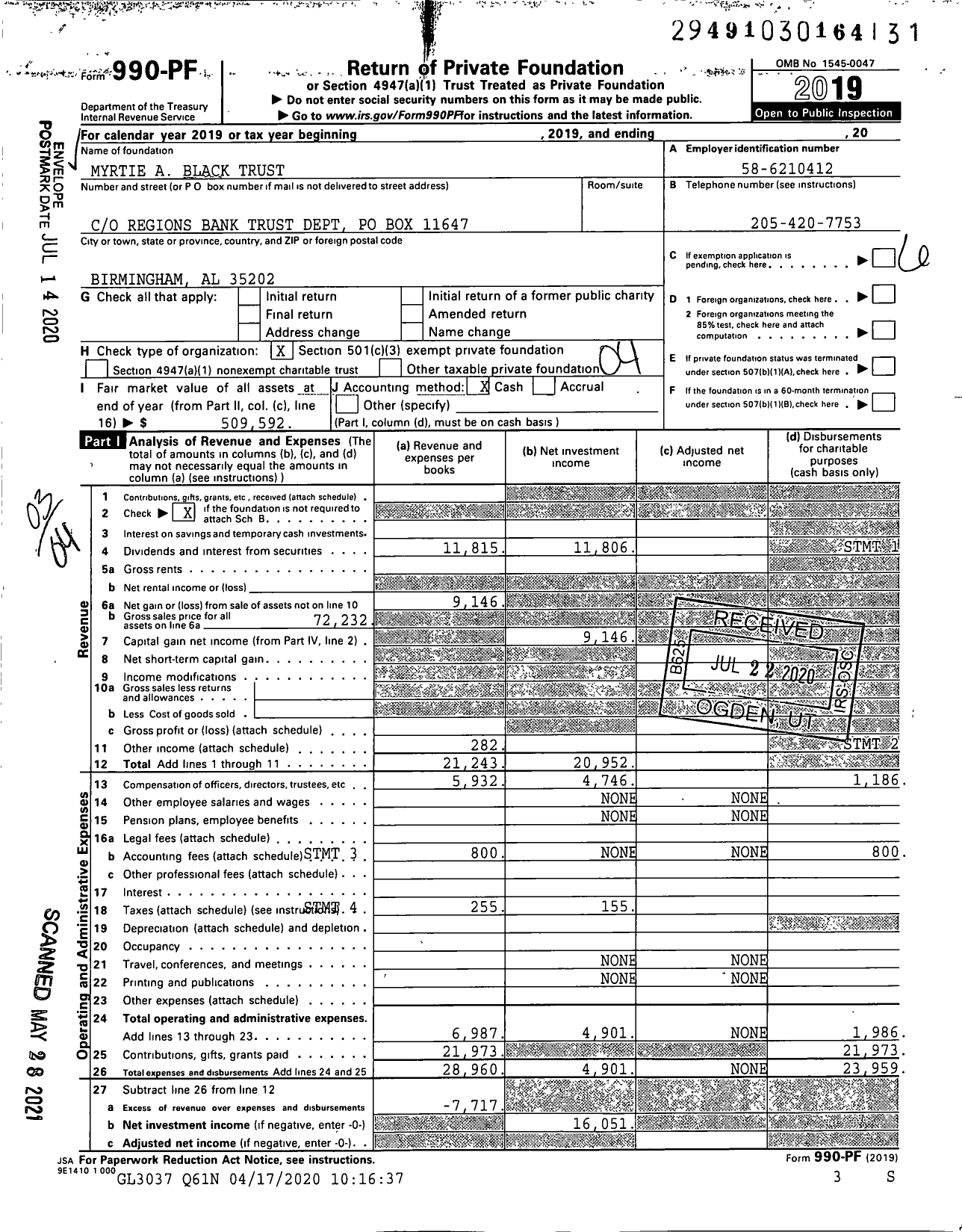 Image of first page of 2019 Form 990PF for Myrtie A Black Trust