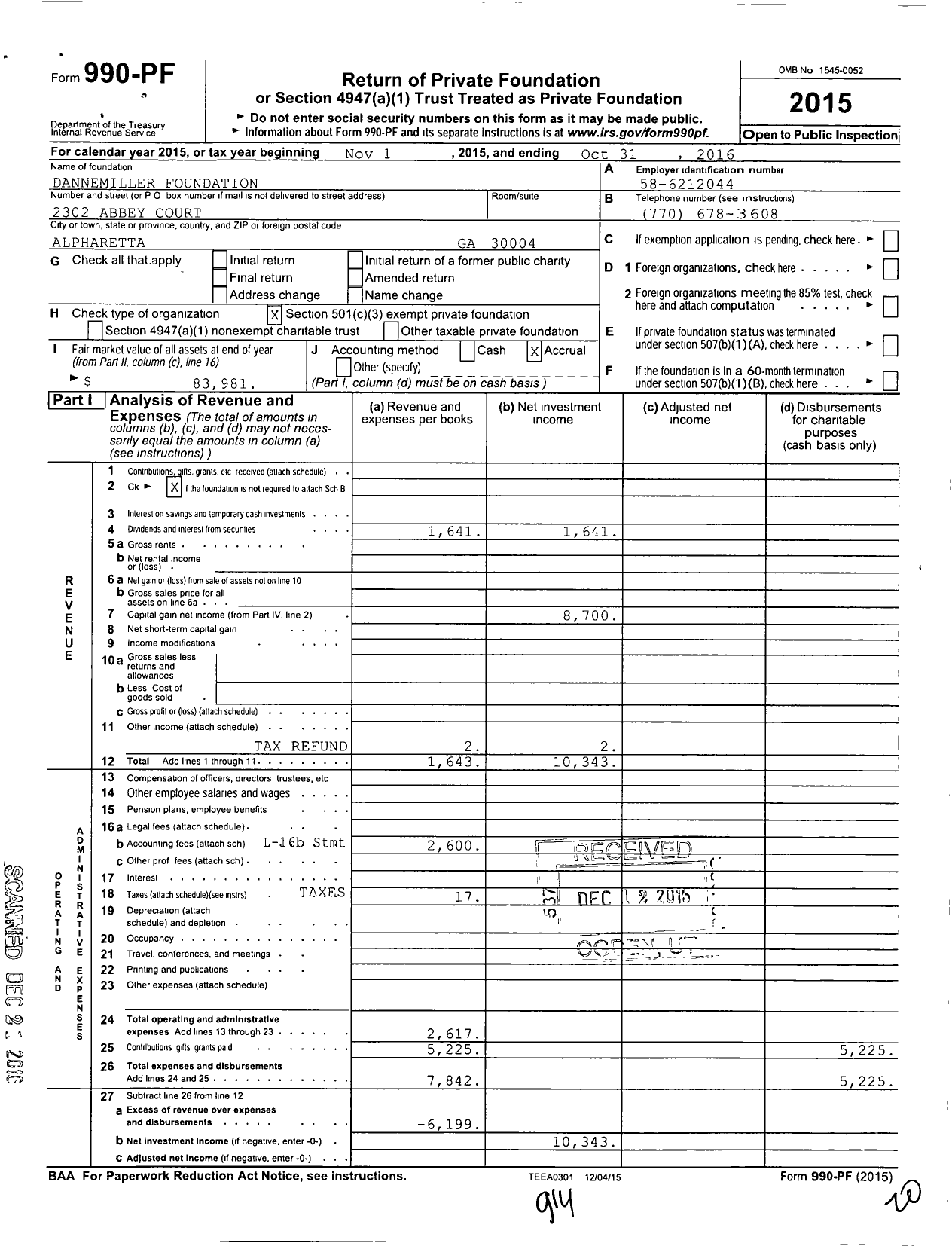 Image of first page of 2015 Form 990PF for Dannemiller Foundation