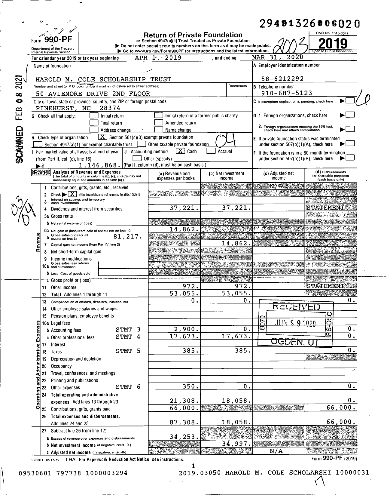 Image of first page of 2019 Form 990PF for Cole Scholarship Tuw