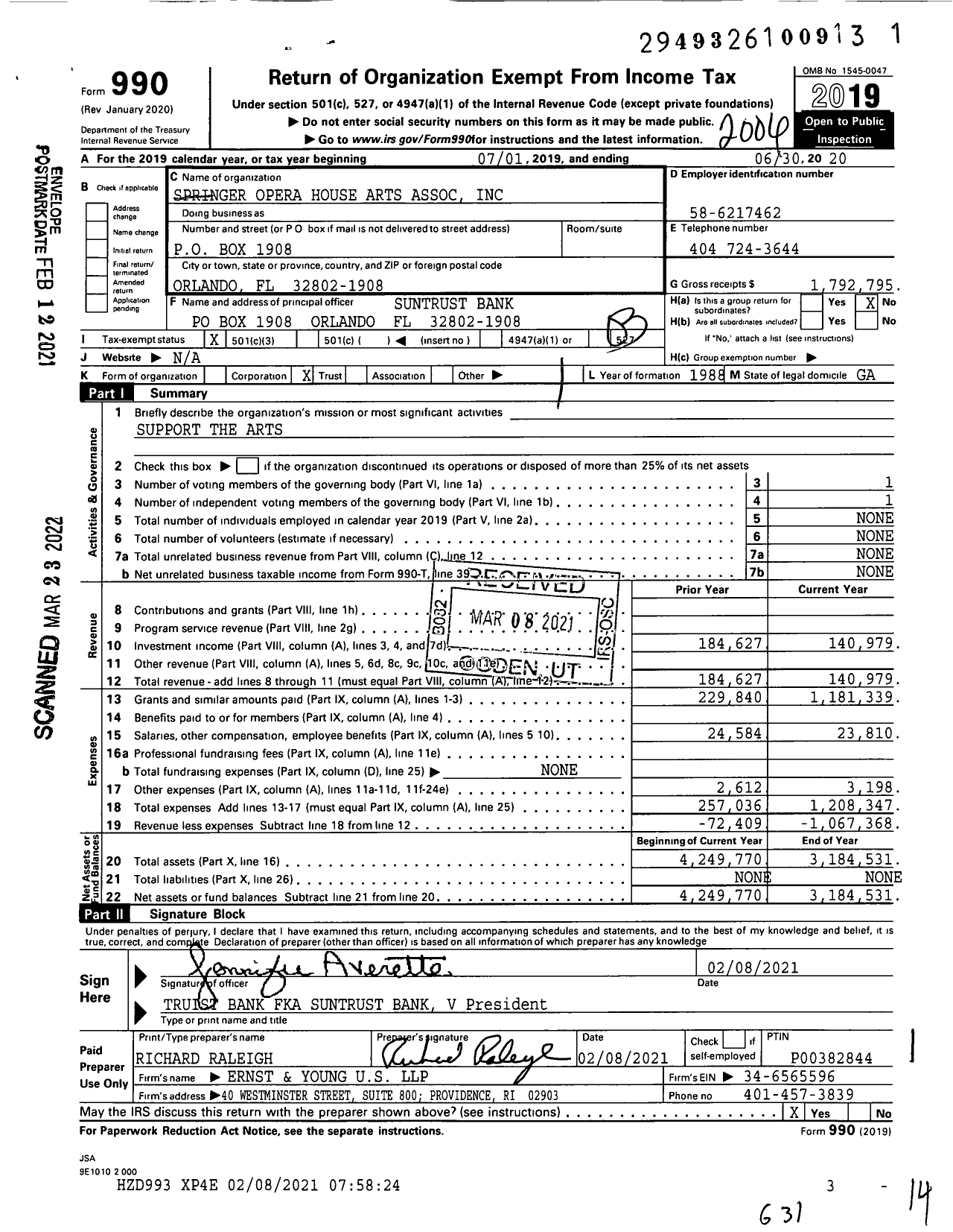 Image of first page of 2019 Form 990 for Springer Opera House Arts Association