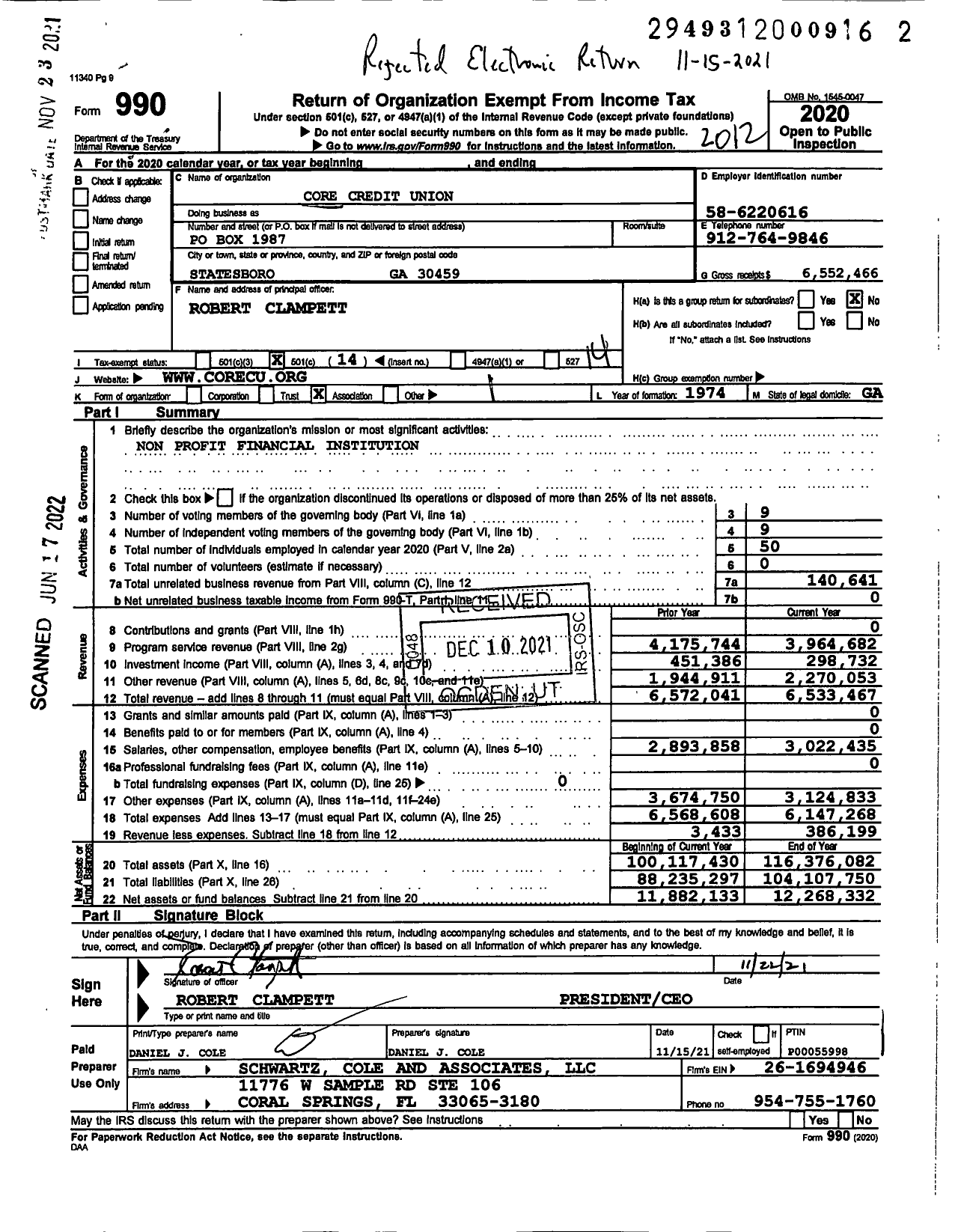 Image of first page of 2020 Form 990O for Core Credit Union