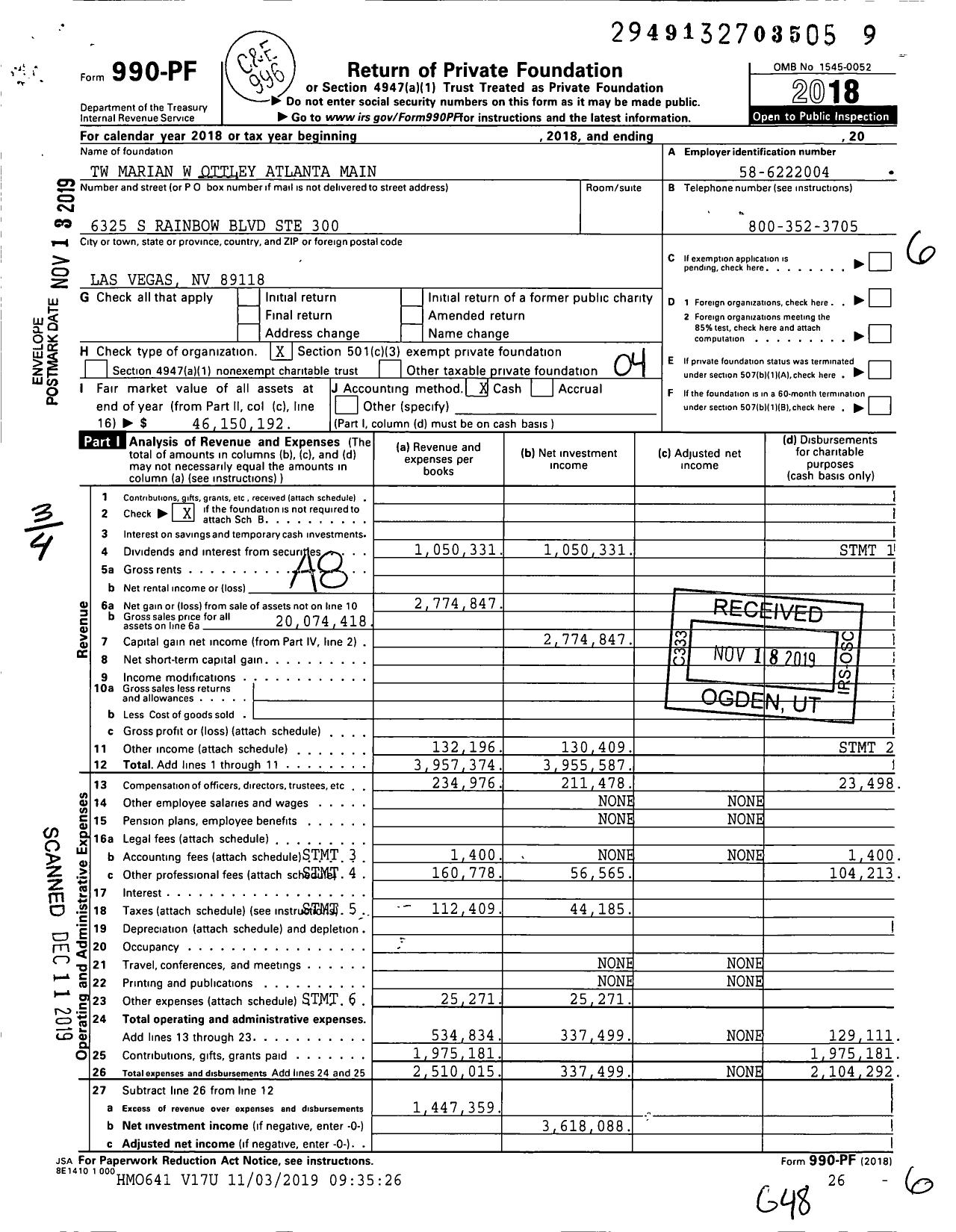 Image of first page of 2018 Form 990PF for TW Marian W Ottley Atlanta Main