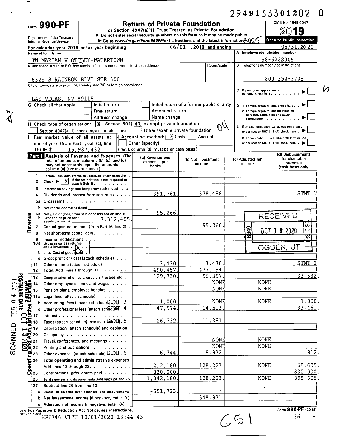 Image of first page of 2019 Form 990PF for TW Marian W Ottley-Watertown