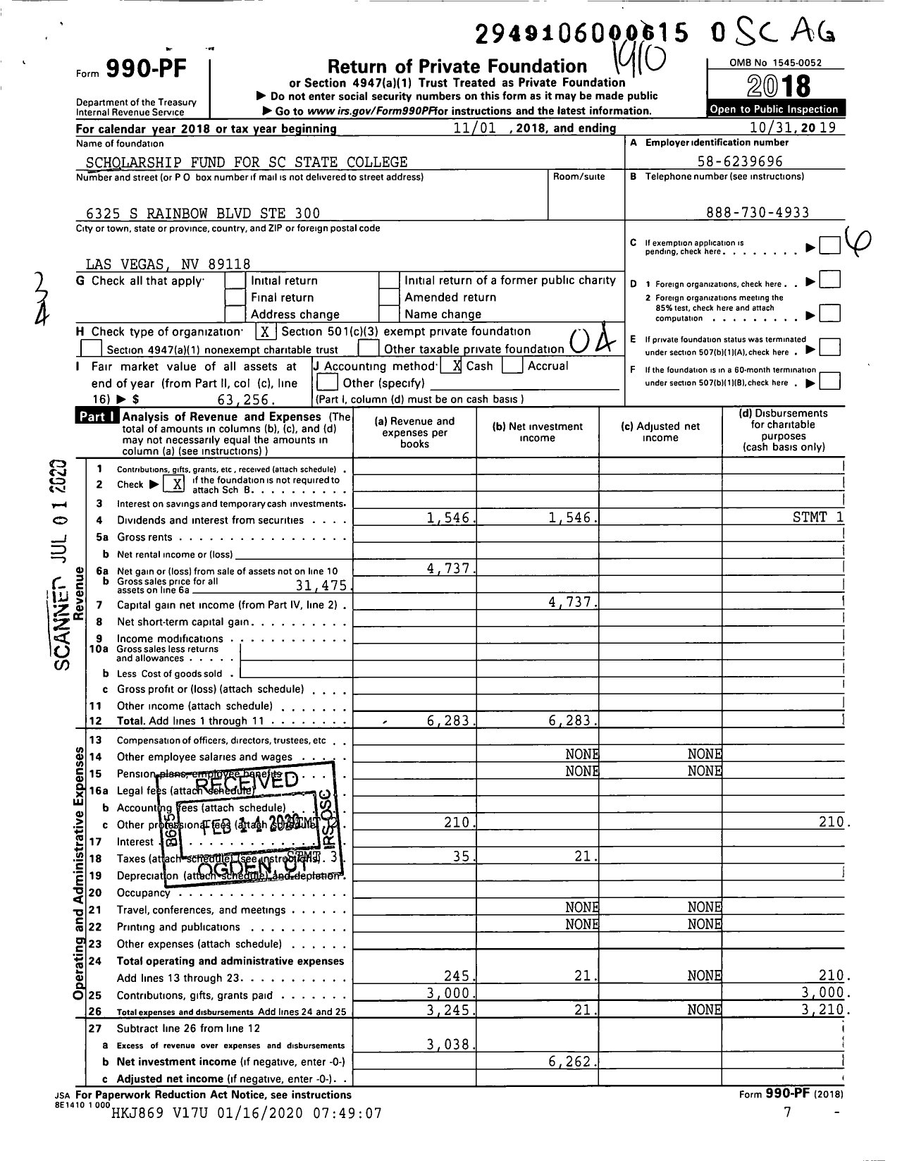 Image of first page of 2018 Form 990PR for Scholarship Fund for SC State College