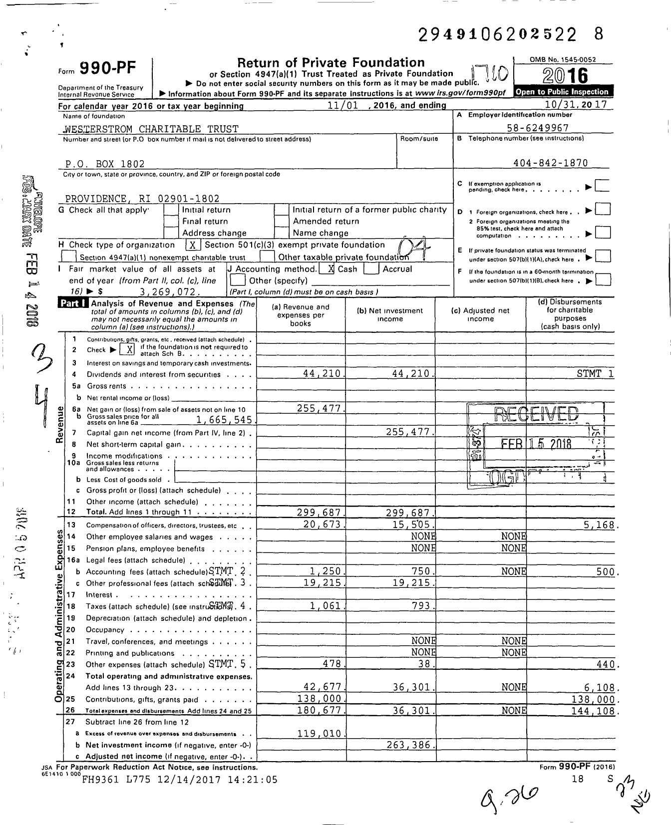 Image of first page of 2016 Form 990PF for Westerstrom Charitable Trust
