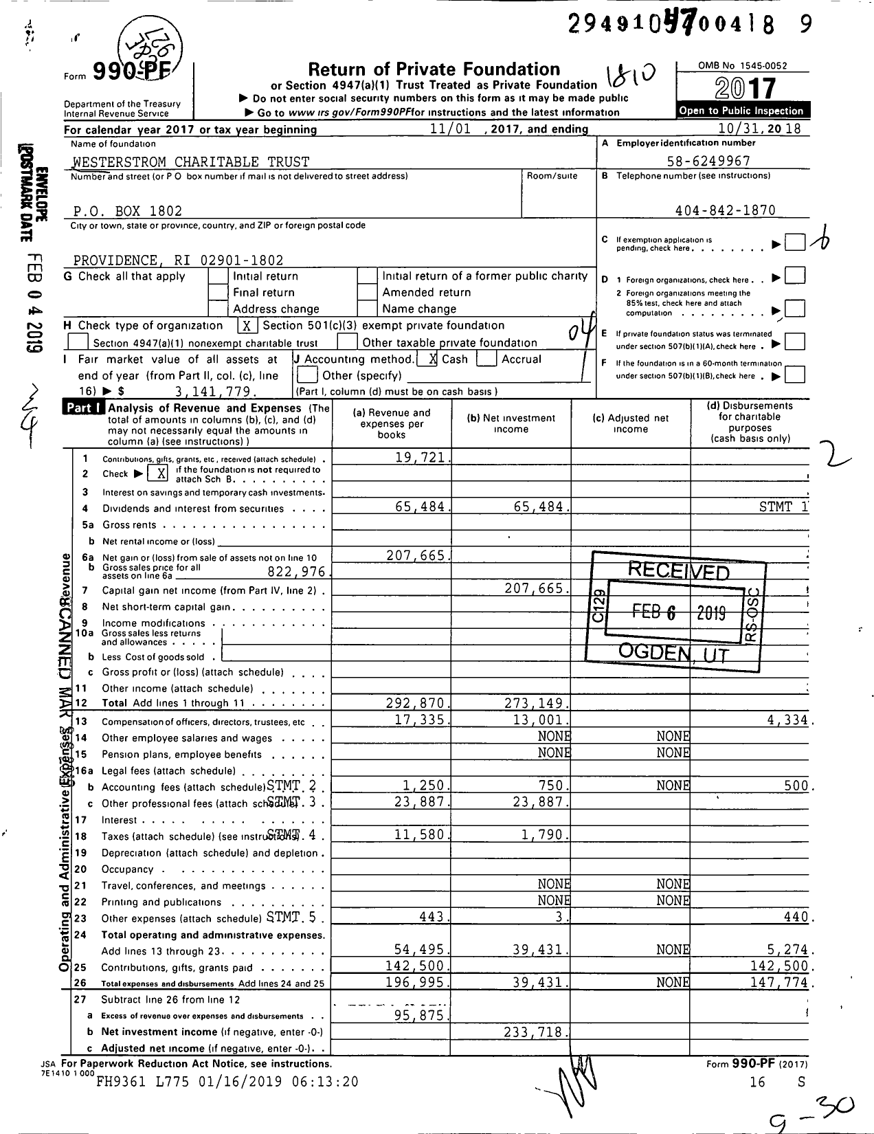 Image of first page of 2017 Form 990PF for Westerstrom Charitable Trust