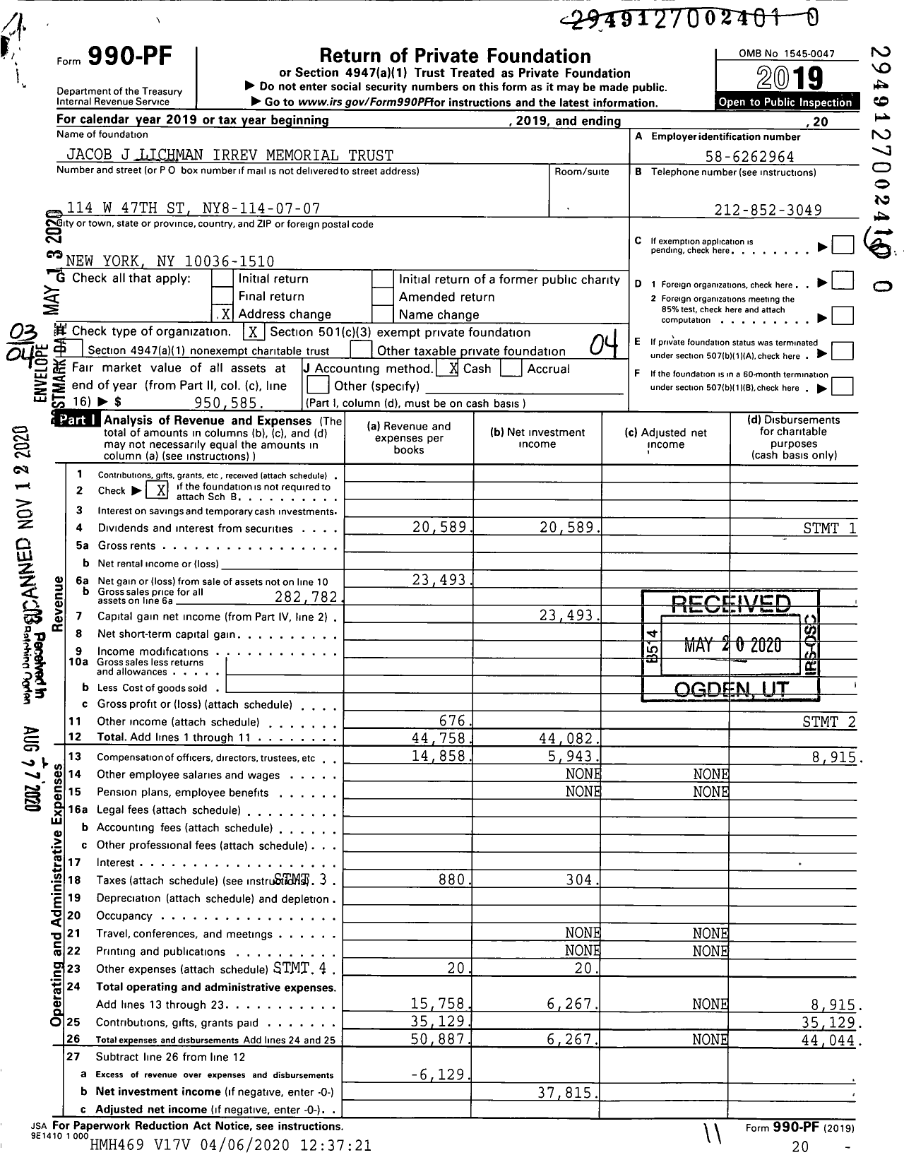 Image of first page of 2019 Form 990PF for Jacob J Lichman Irrev Memorial Trust