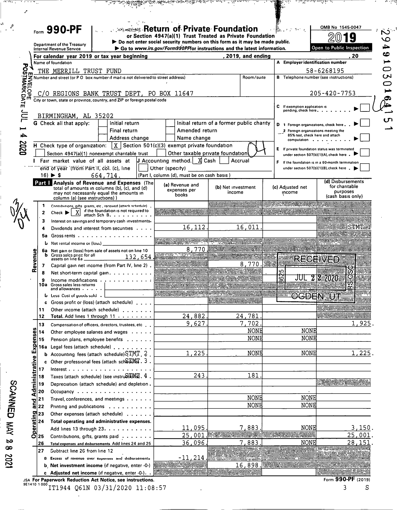 Image of first page of 2019 Form 990PF for Merrill Trust Fund 4655000034