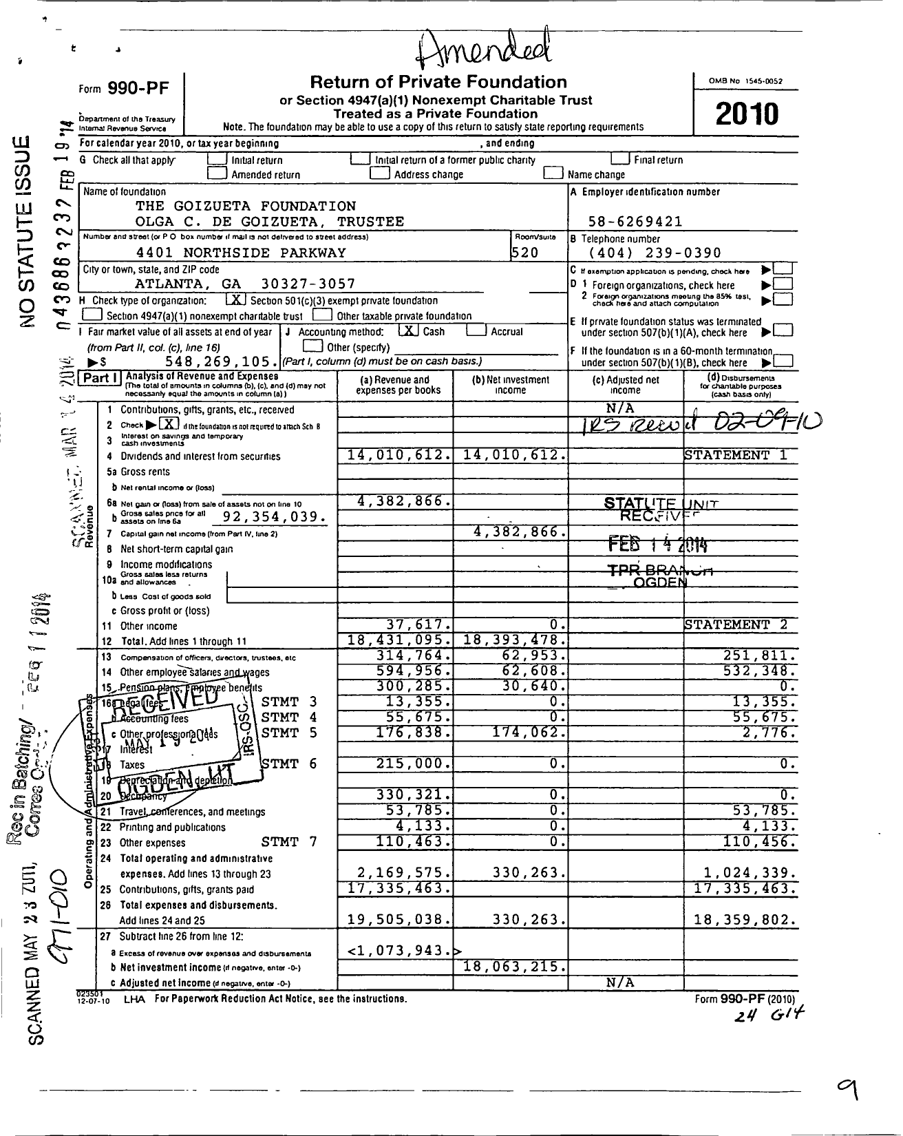 Image of first page of 2010 Form 990PF for Goizueta Foundation Olga Goizueta Rawls Chairman and CEO