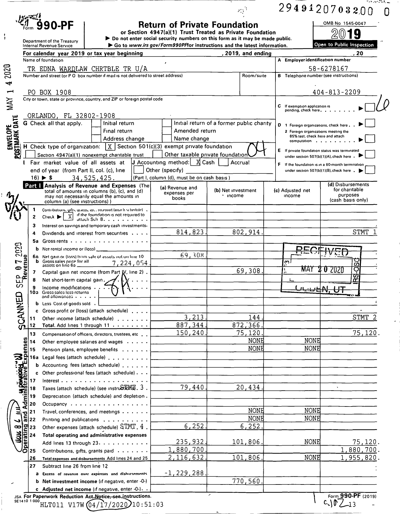 Image of first page of 2019 Form 990PR for TR Edna Wardlaw Chrtble Trust