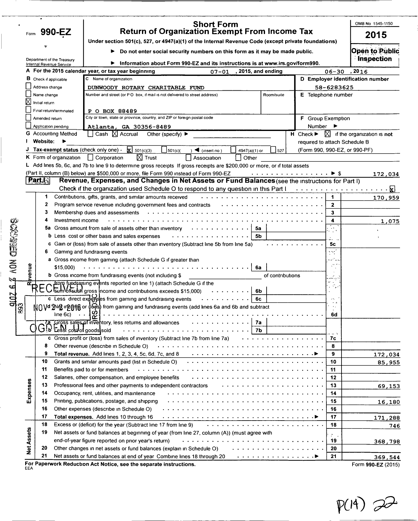 Image of first page of 2015 Form 990EZ for Dunwoody Rotary Charitable Fund