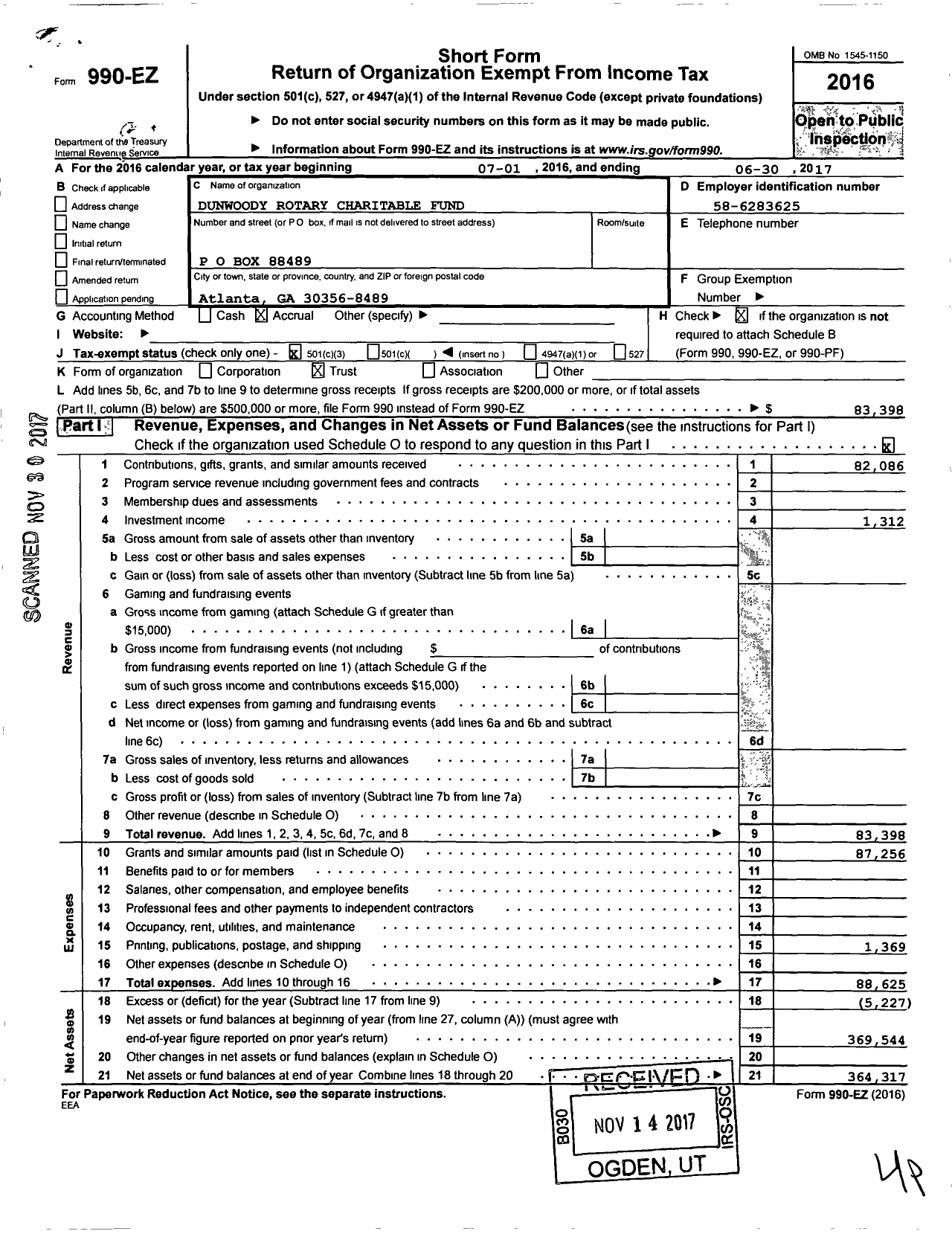 Image of first page of 2016 Form 990EZ for Dunwoody Rotary Charitable Fund