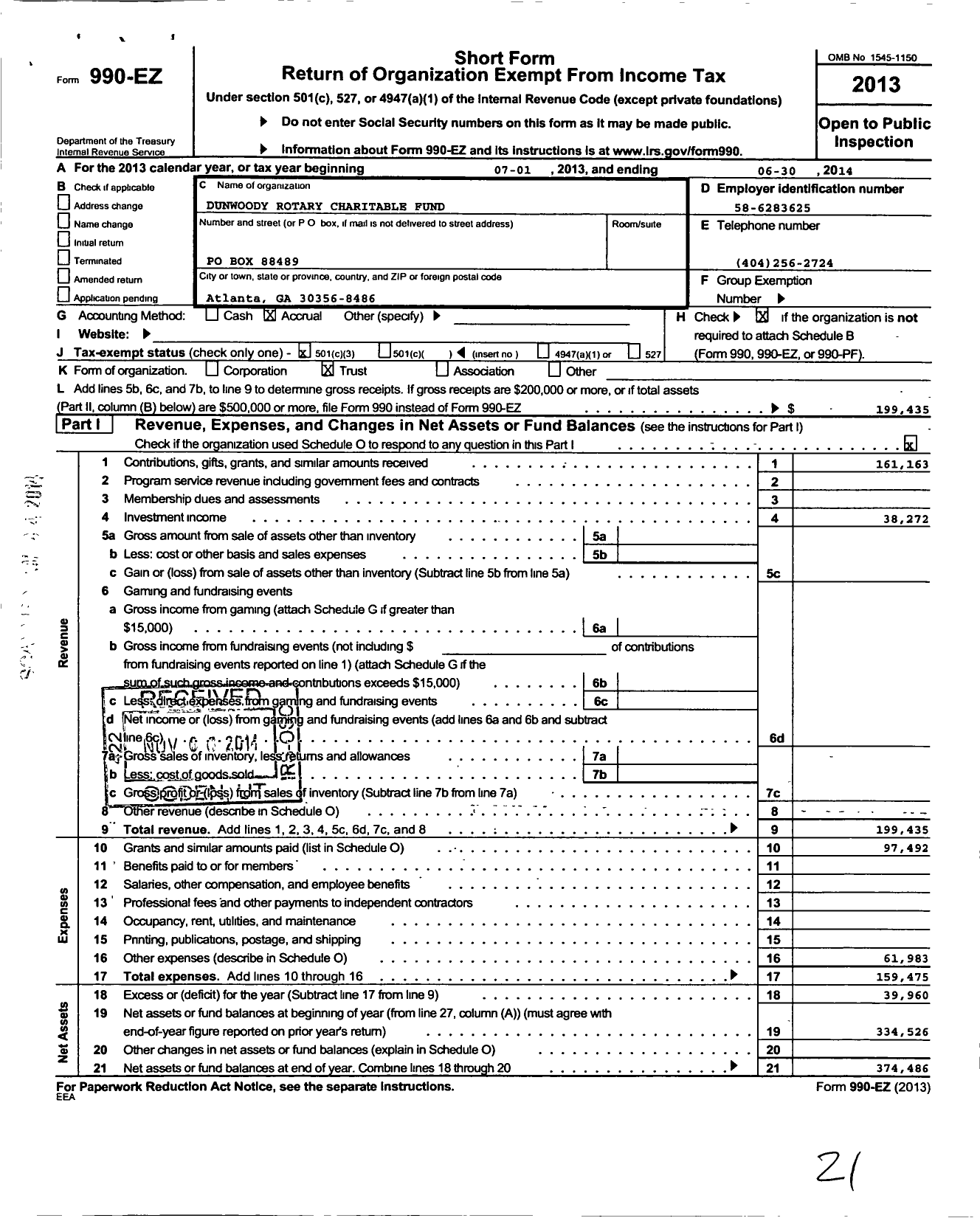 Image of first page of 2013 Form 990EZ for Dunwoody Rotary Charitable Fund