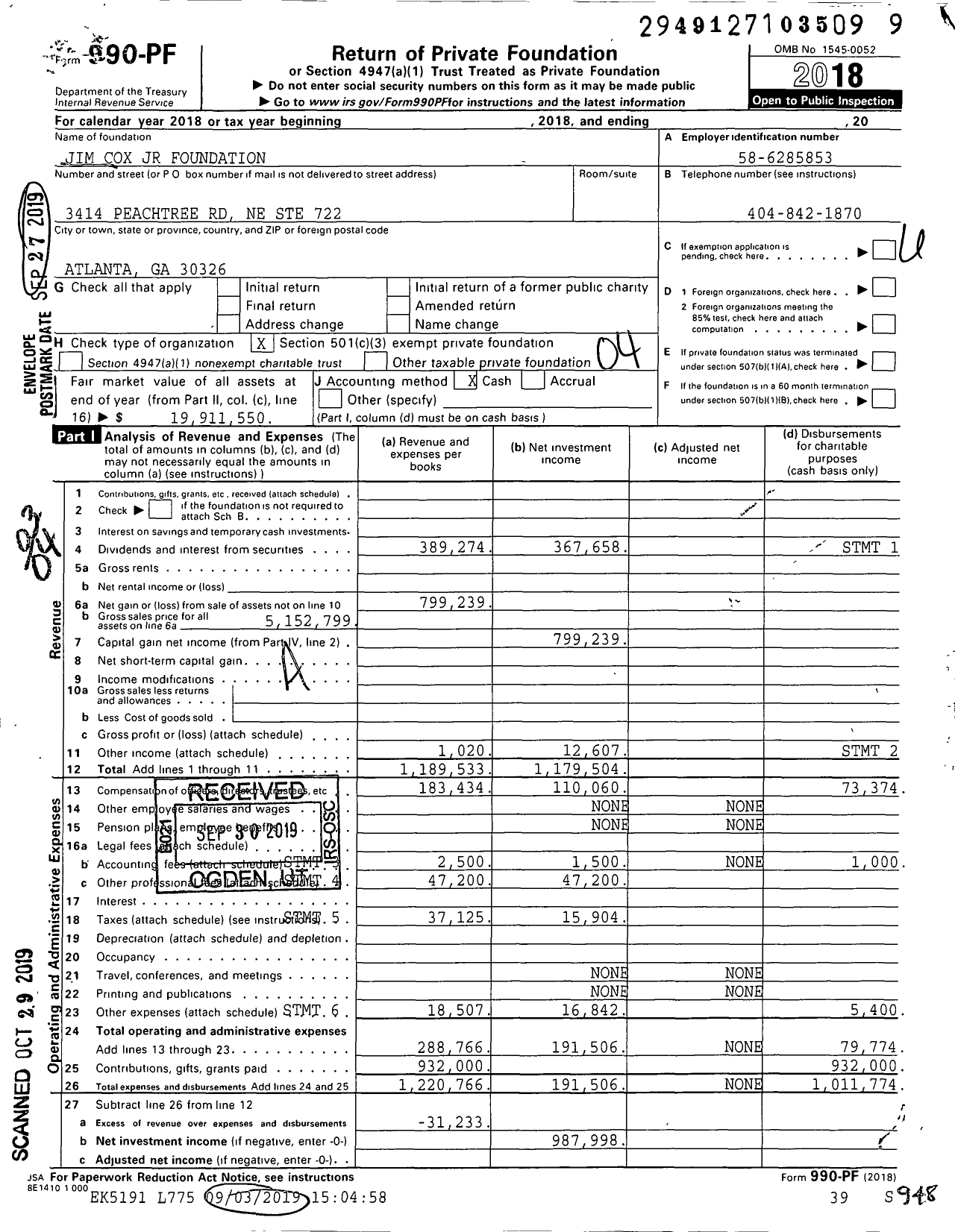 Image of first page of 2018 Form 990PF for Jim Cox JR Foundation