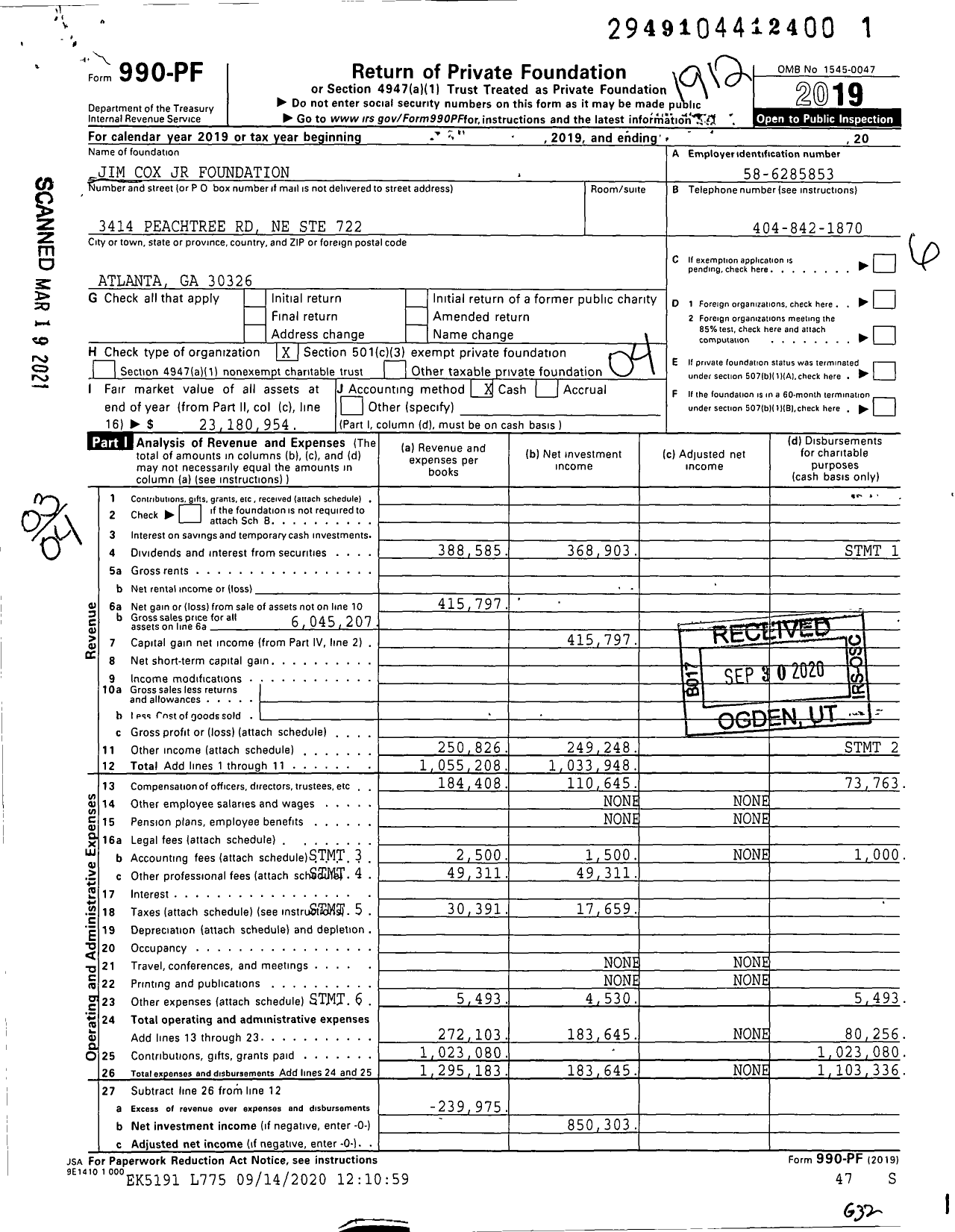 Image of first page of 2019 Form 990PF for Jim Cox JR Foundation